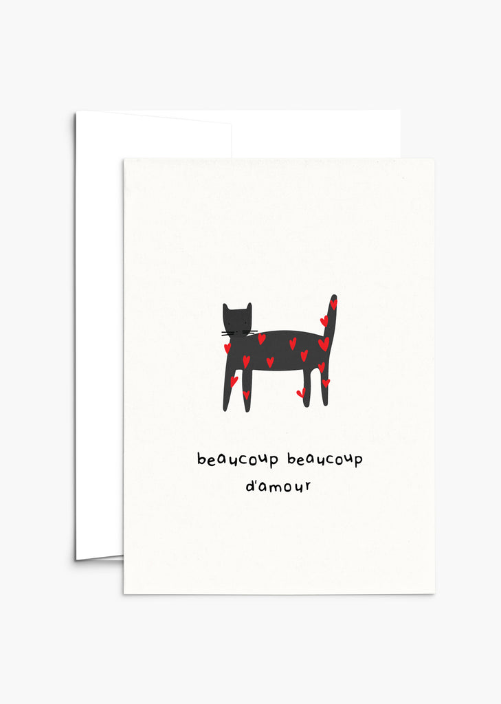 A Beaucoup beaucoup d'amour - Greeting Card featuring a black and red cat on recycled paper, by Mimi & August.