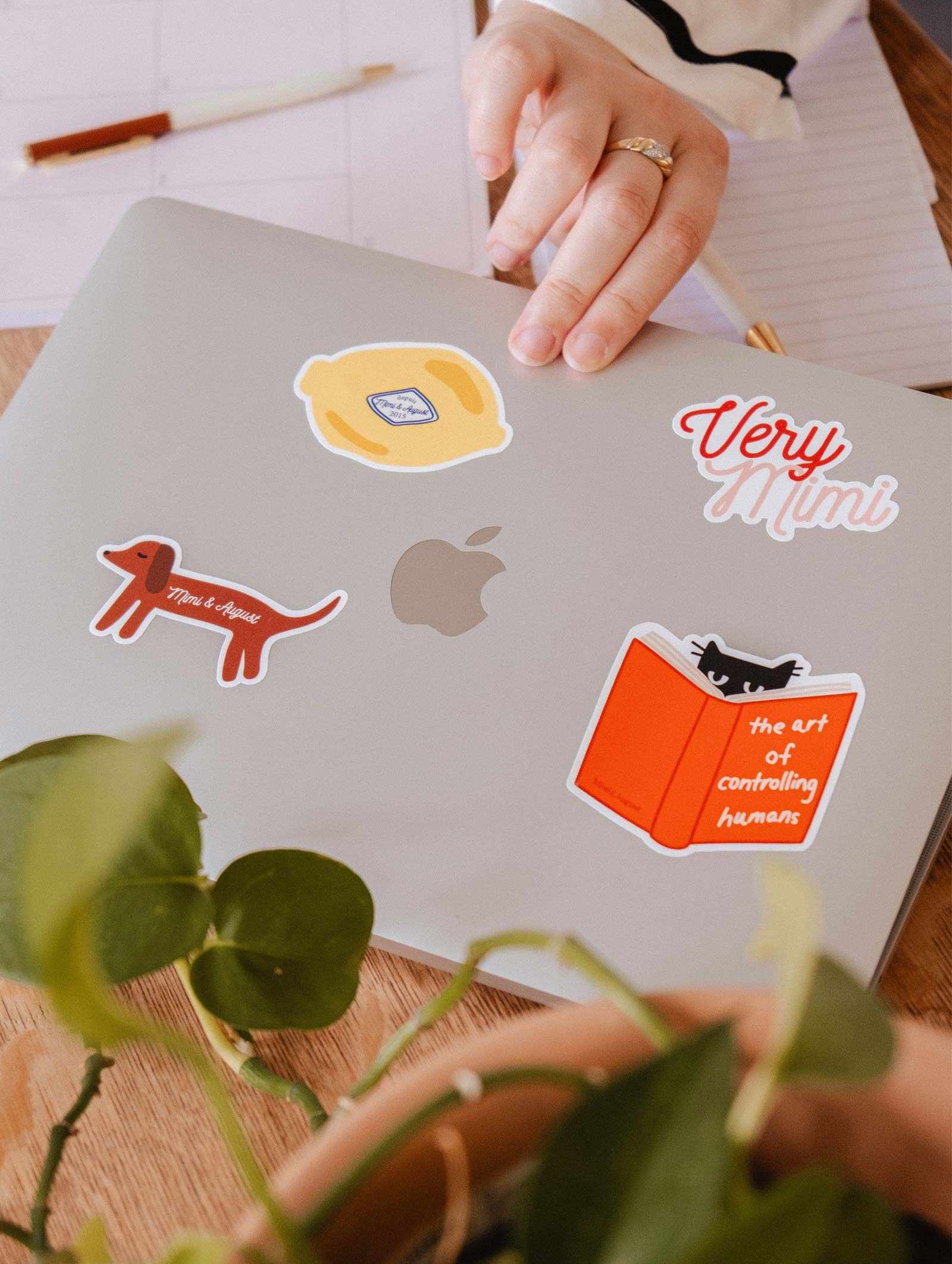 A hand rests on a silver laptop decorated with Mimi & August’s “The art of controlling humans” vinyl sticker—a perfect cat lover’s gift—among colorful plants and stationery on a wooden desk.