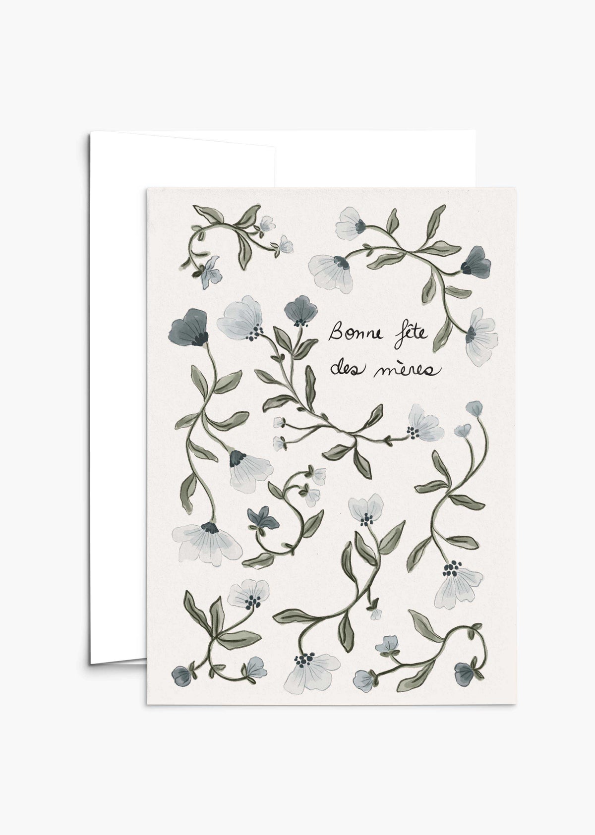 The Blue Flower Mother's Day Greeting Card by Mimi & August features hand-drawn blue florals and "Bonne fête des mères" text with green leaves on a light background, crafted on recycled paper for an eco-friendly touch.