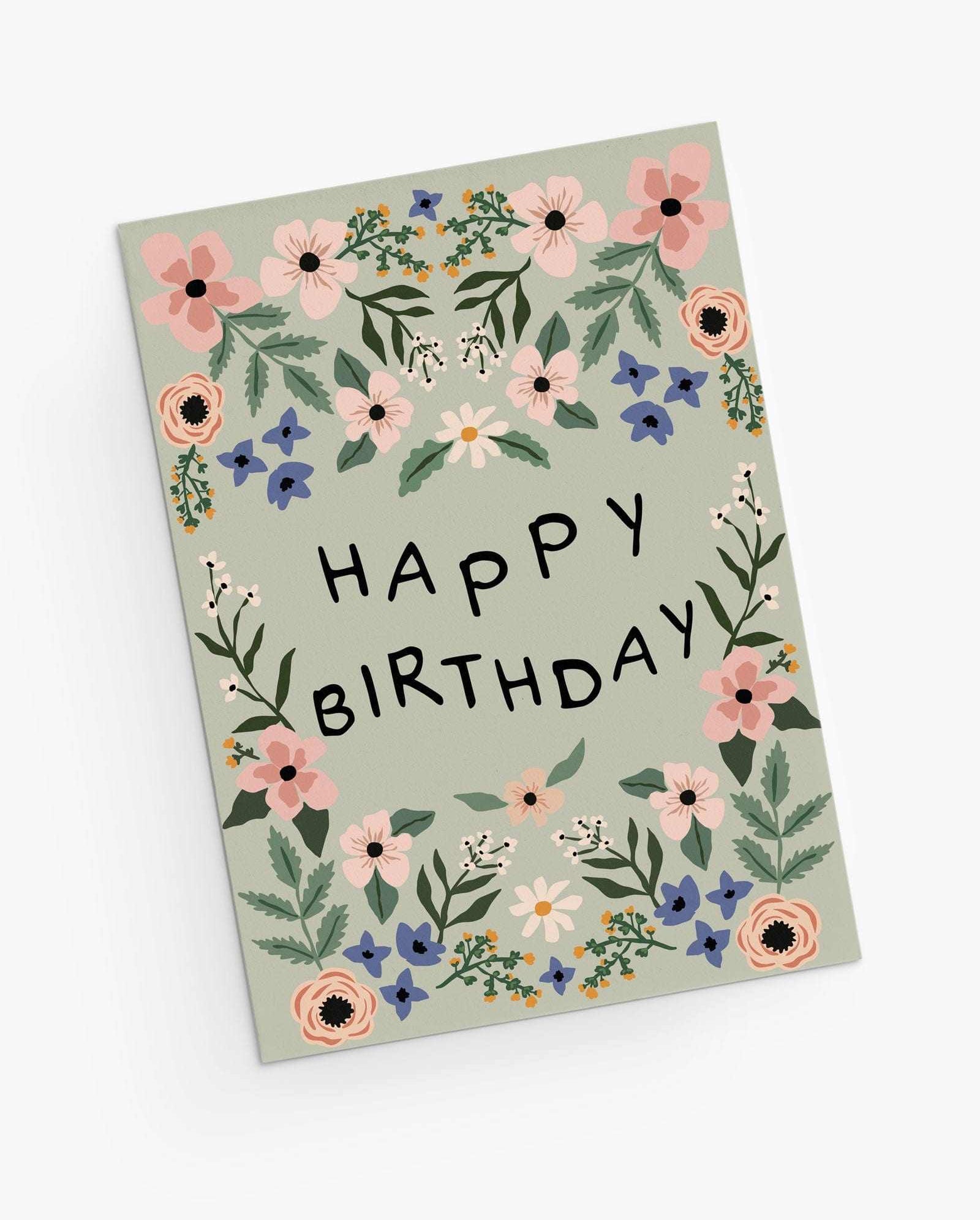 Cute floral birthday card sage green-English- By Mimi and August