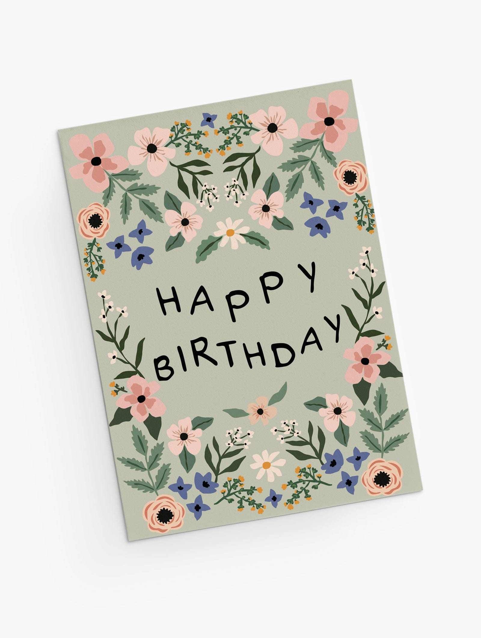 Cute floral birthday card sage green-English- By Mimi and August
