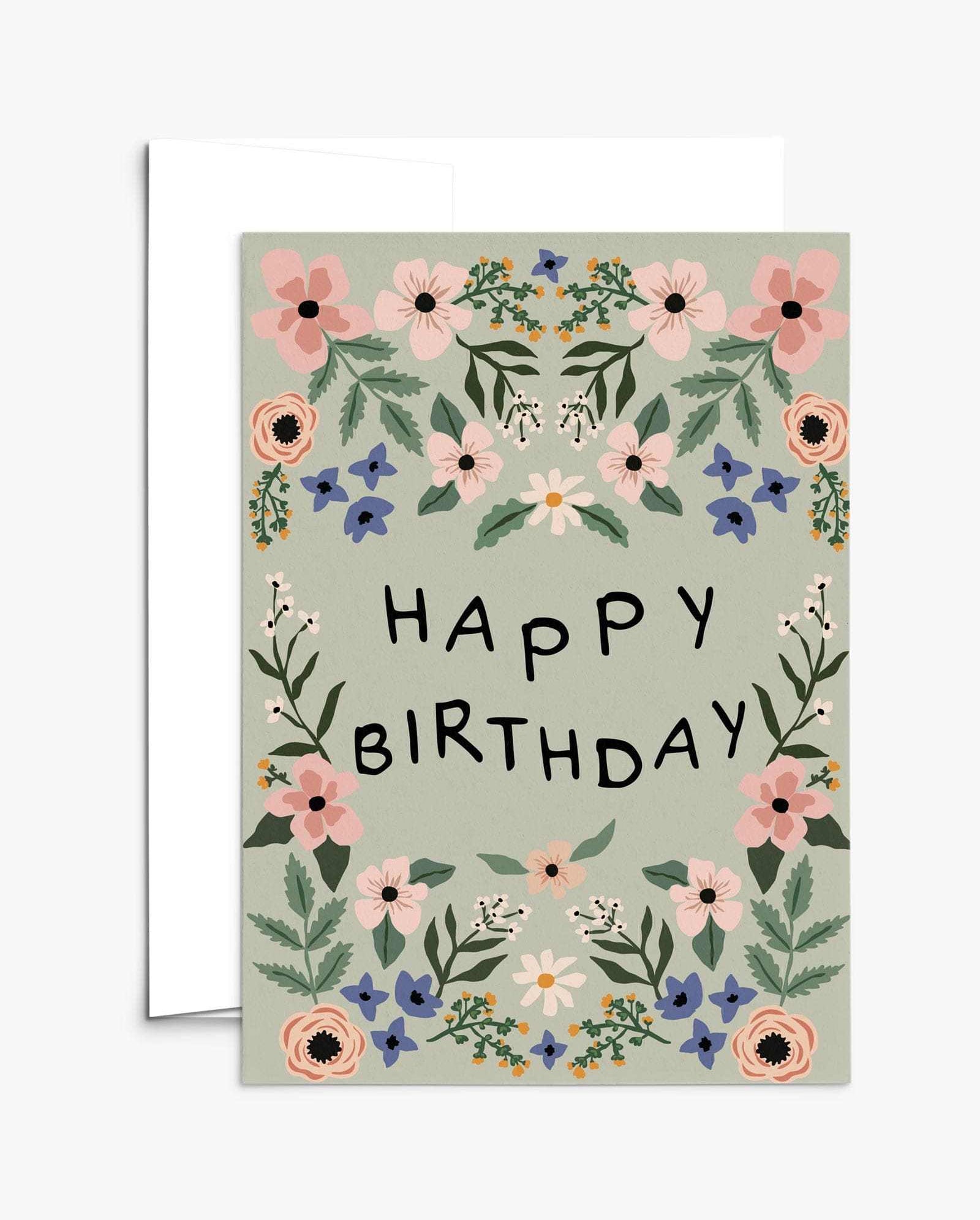 Garden birthday card with vibrant flowers on recycled paper and compostable packaging