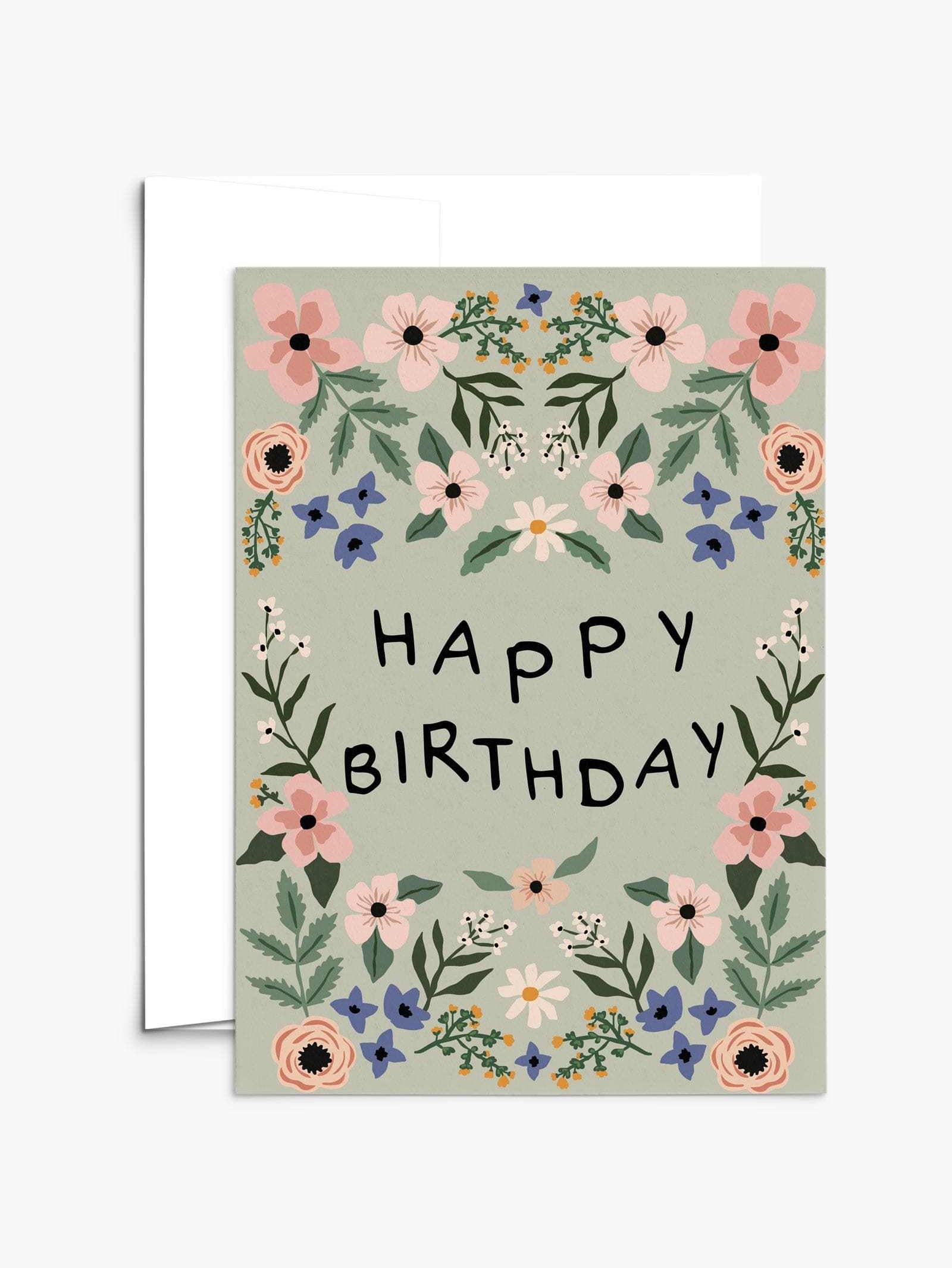 Garden birthday card with vibrant flowers on recycled paper and compostable packaging
