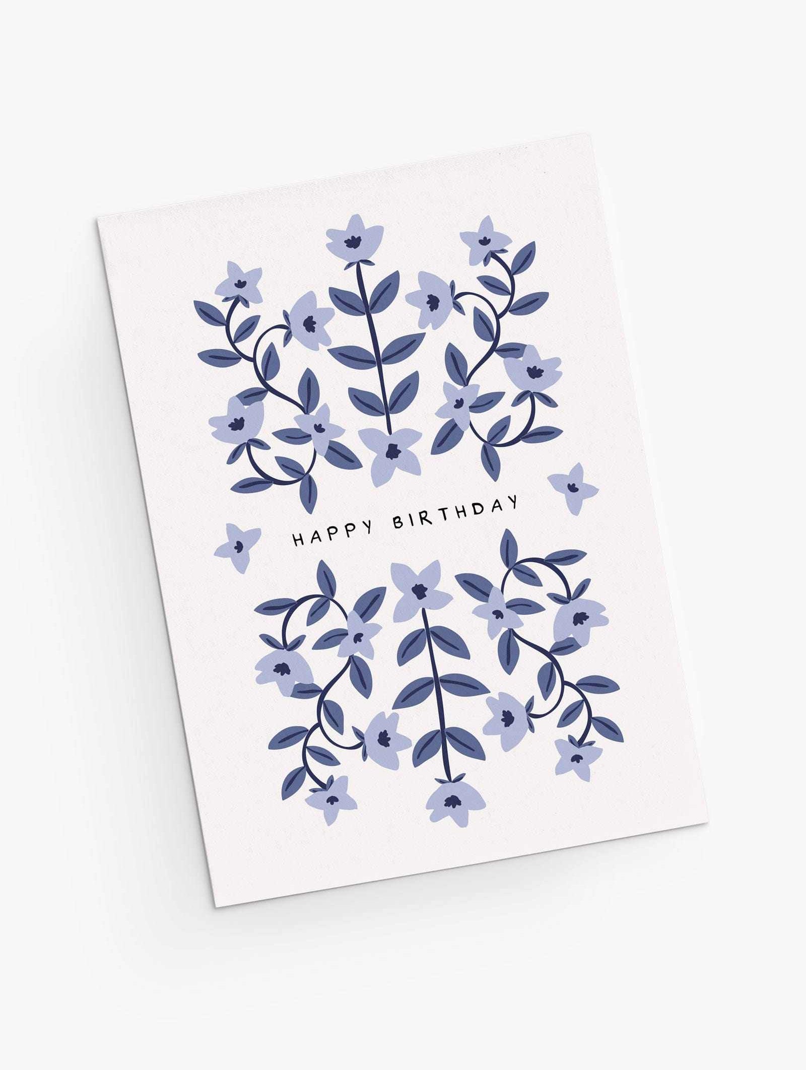 happy birthday greeting card with beautiful baby blue flowers- By Mimi & August