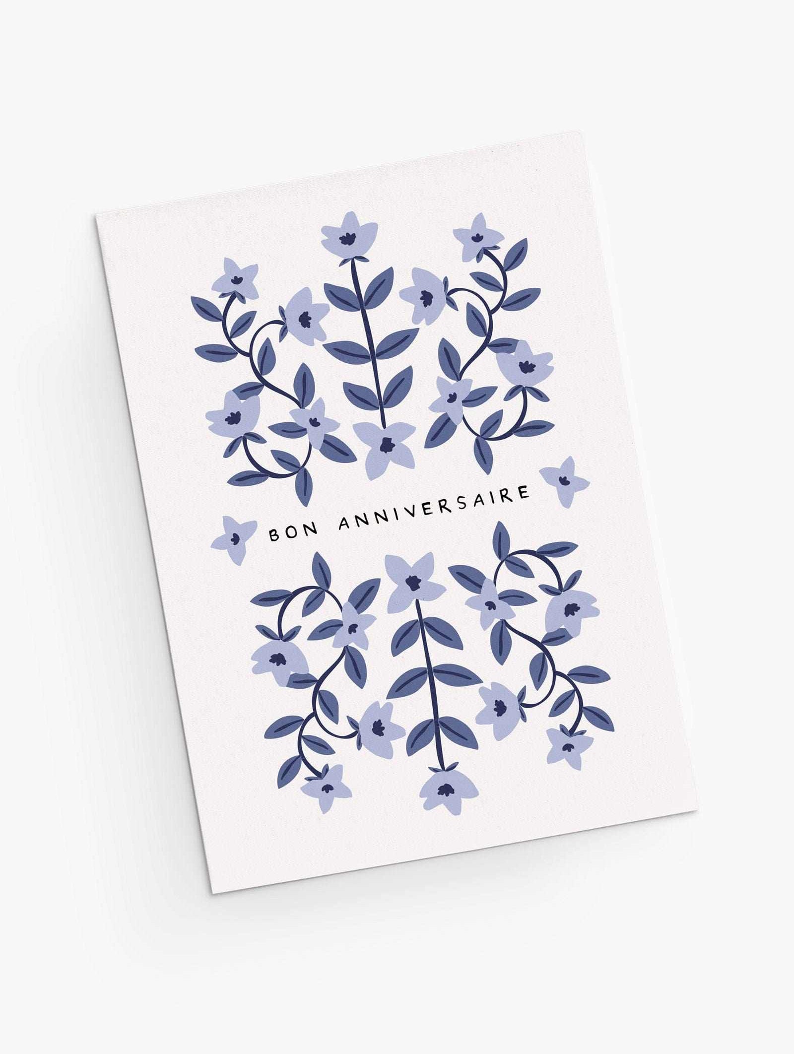 happy birthday greeting card with beautiful baby blue flowers- french version- By Mimi & August