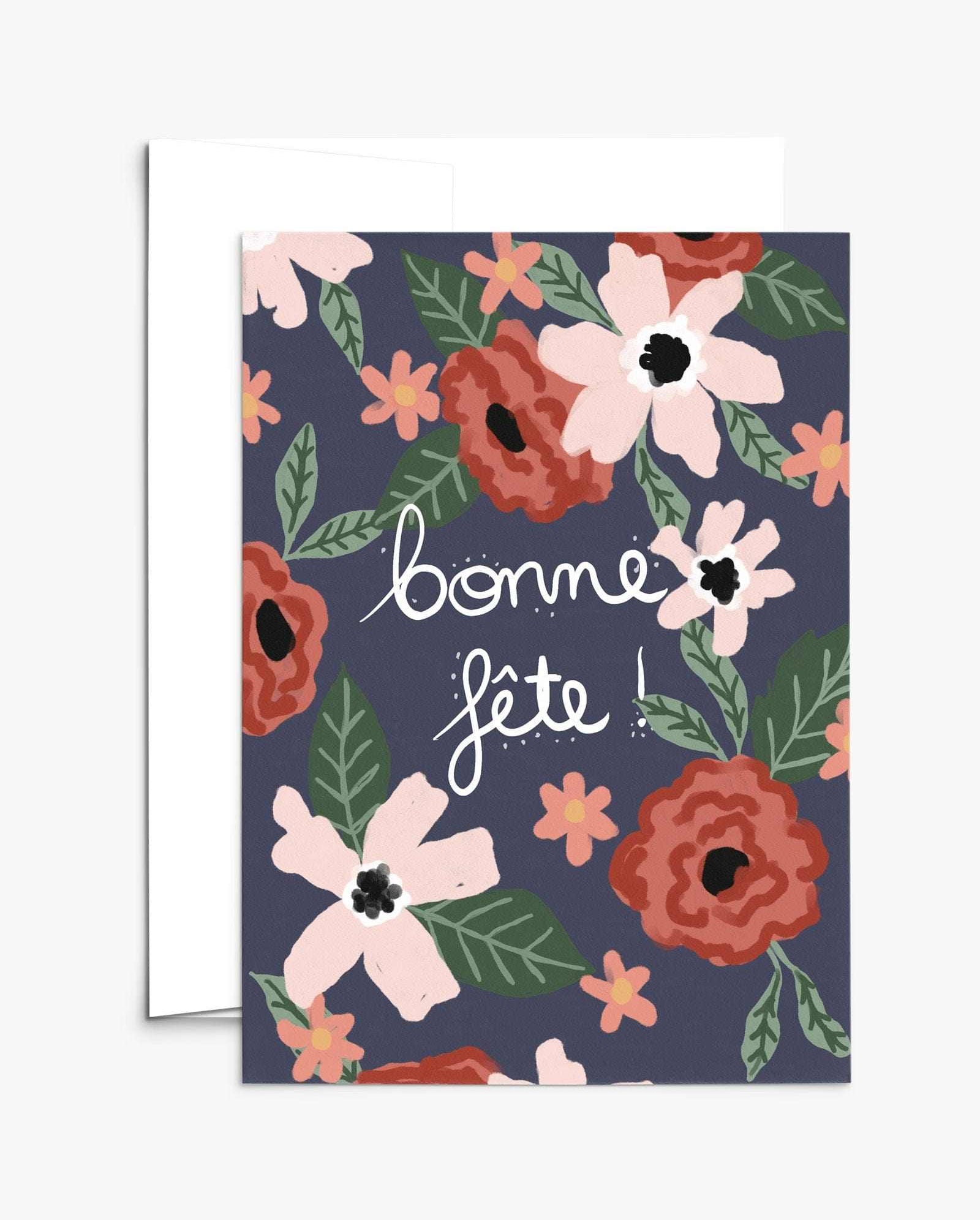 Bonne Fête Greeting Card on recycled paper with white envelope and compostable packaging