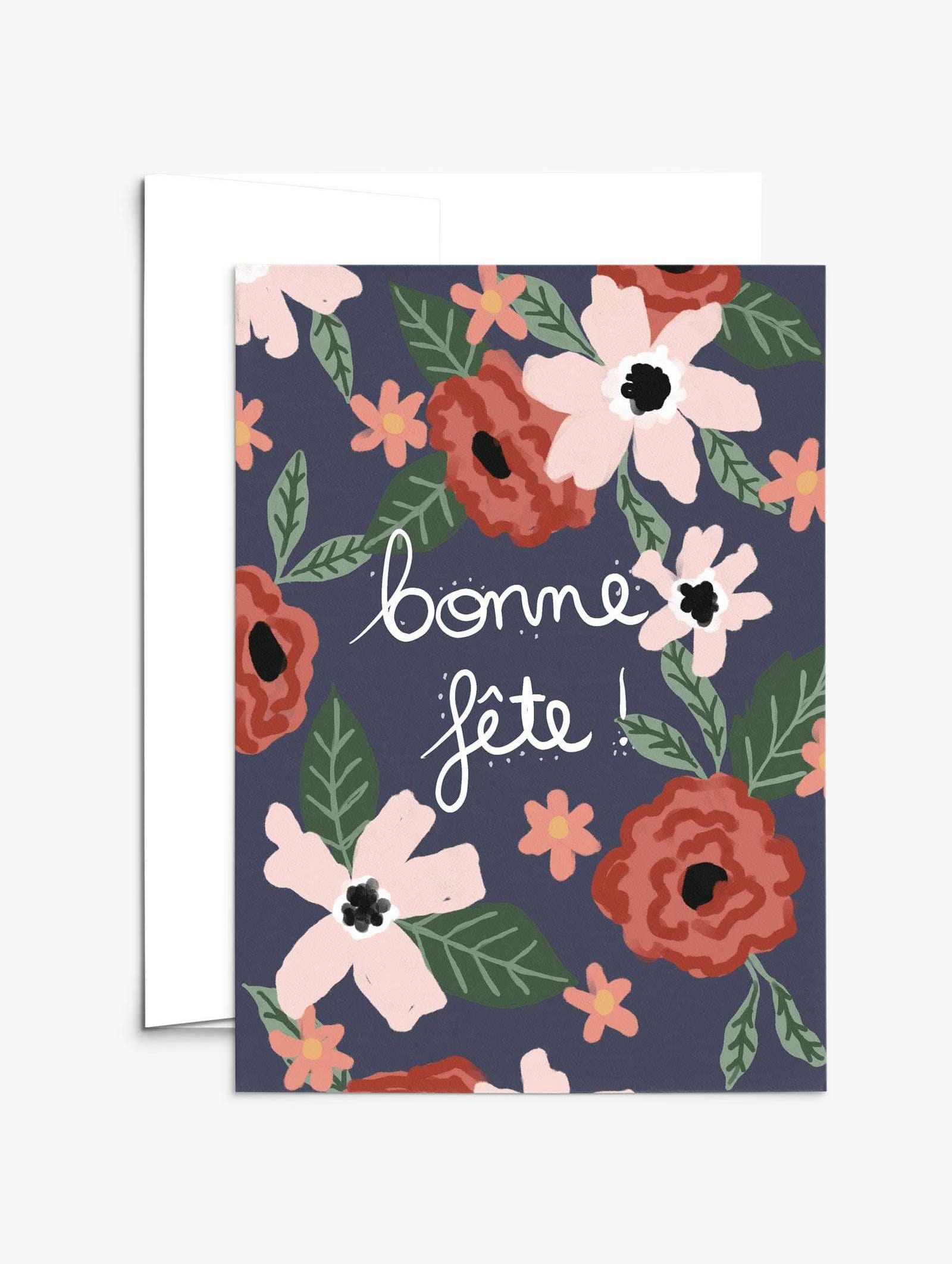 Bonne Fête Greeting Card on recycled paper with white envelope and compostable packaging