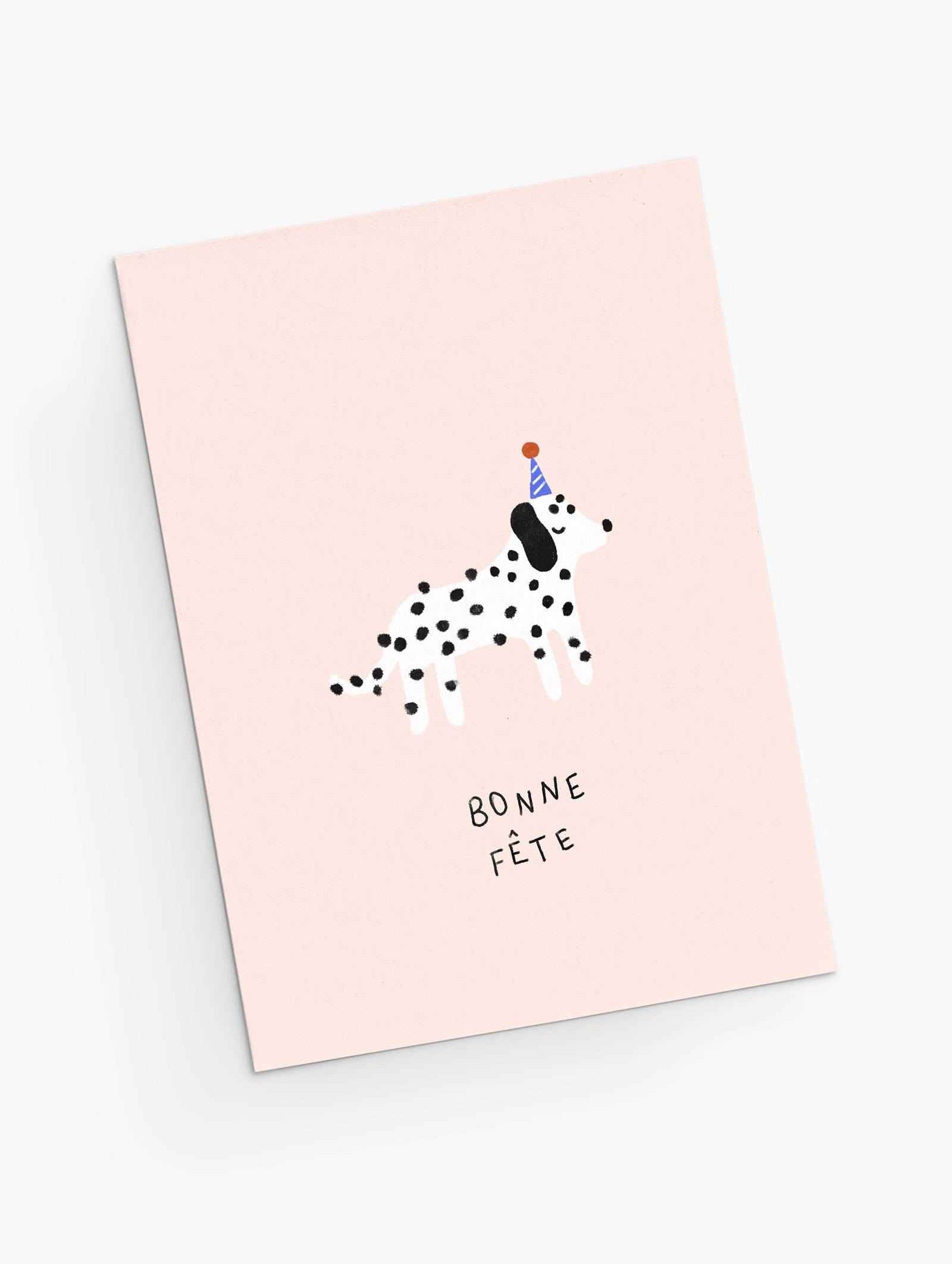 Illustration of a Dalmatian dog celebrating his birthday- cute greeting card By Mimi & August