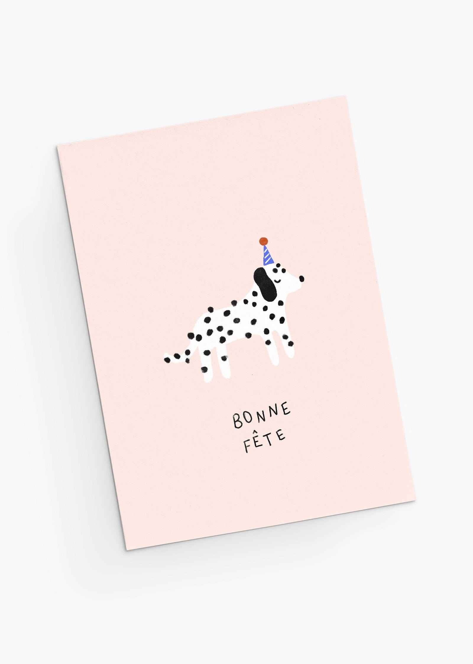 Illustration of a Dalmatian dog celebrating his birthday- cute greeting card By Mimi & August