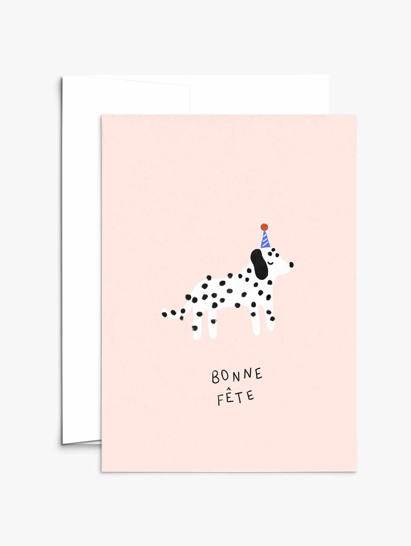 Dalmatian birthday card with recycled paper and compostable packaging, blank inside