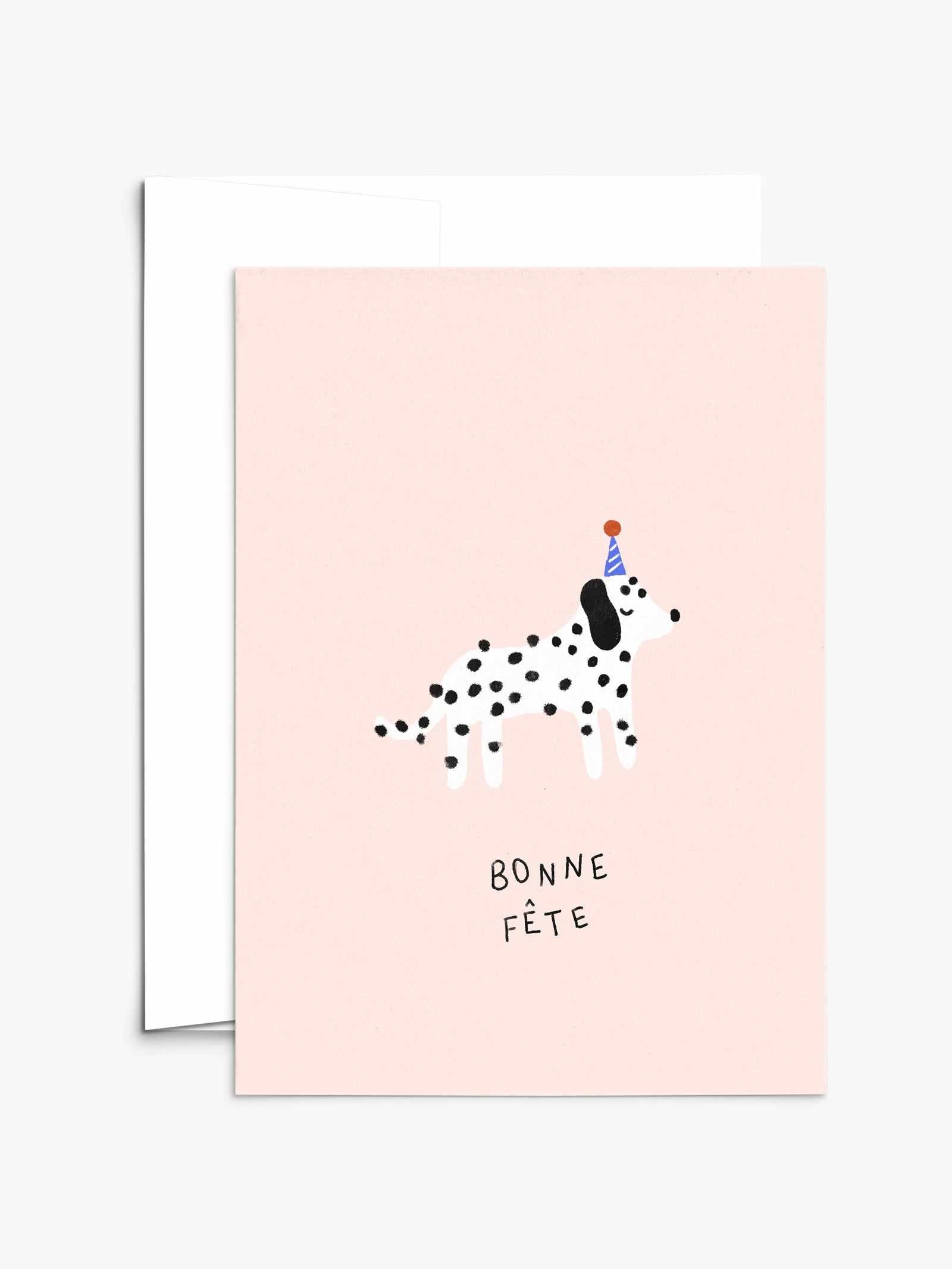 Dalmatian birthday card with recycled paper and compostable packaging, blank inside