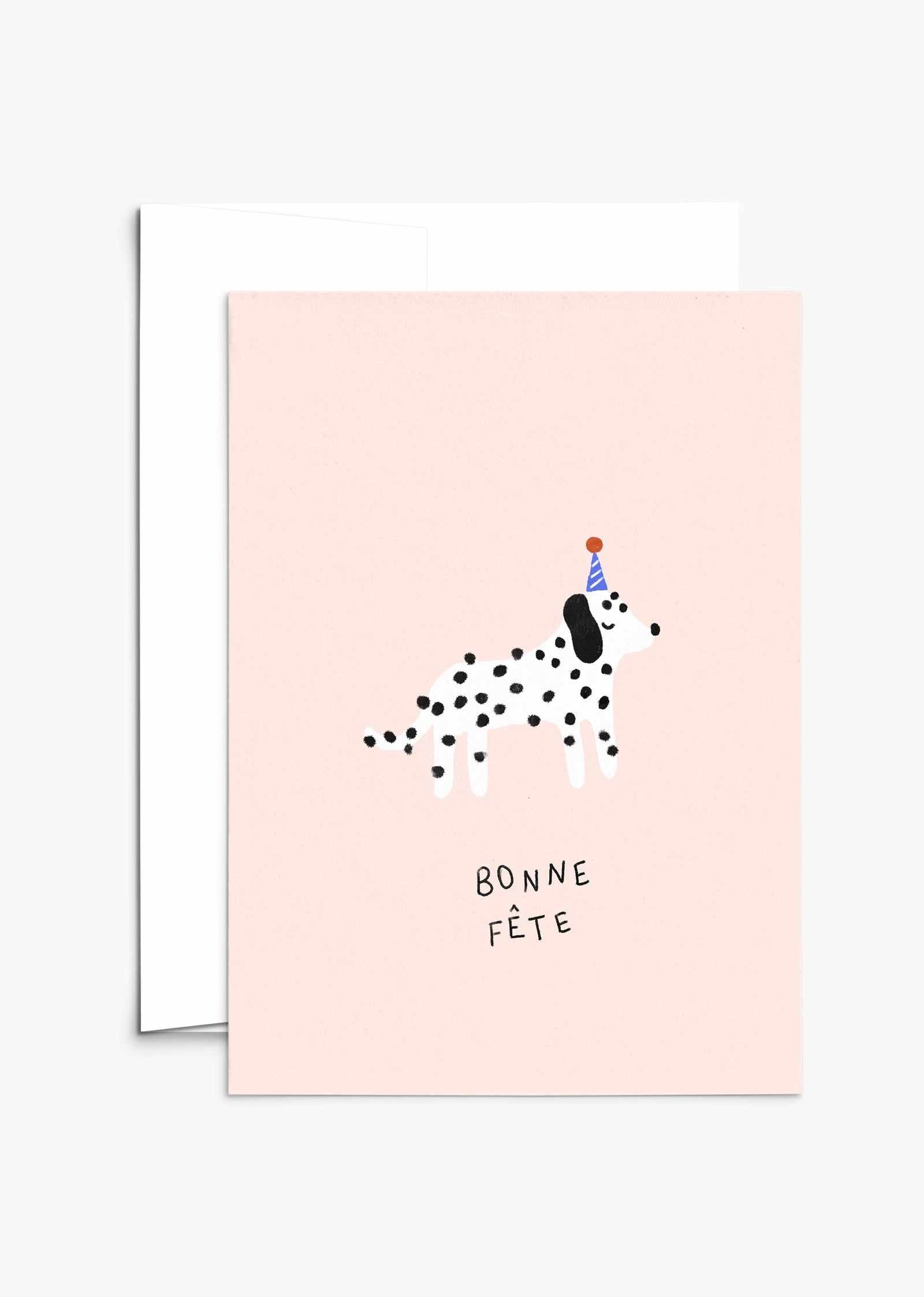Dalmatian birthday card with recycled paper and compostable packaging, blank inside