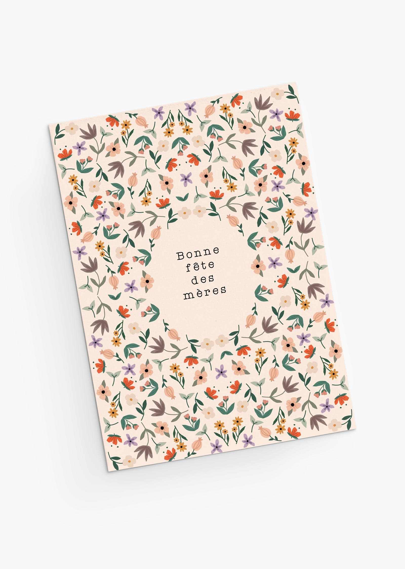 Greeting card in French with illustration of flowers all over- By Mimi & August