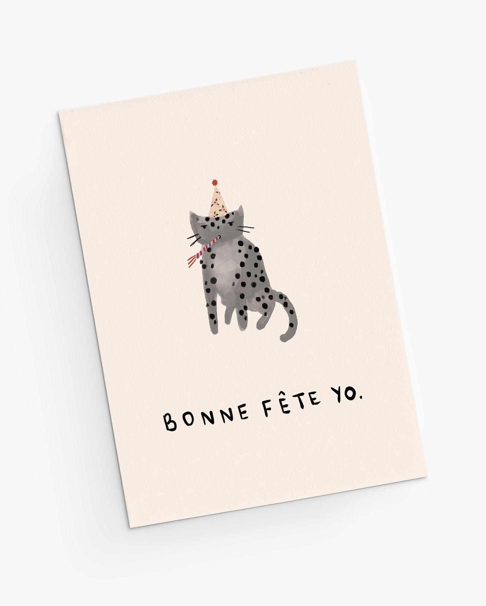 Cute cat with birthday hat wishing a happy birthday greeting card- By Mimi & August