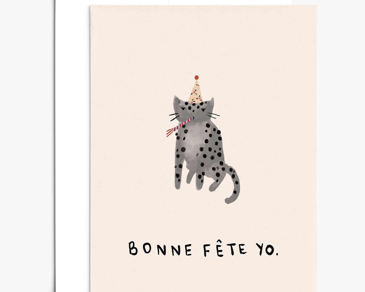 Bonne Fête Yo Greeting Card on recycled thick matte cardstock with white envelope and compostable packaging, blank inside, 5x7 inches