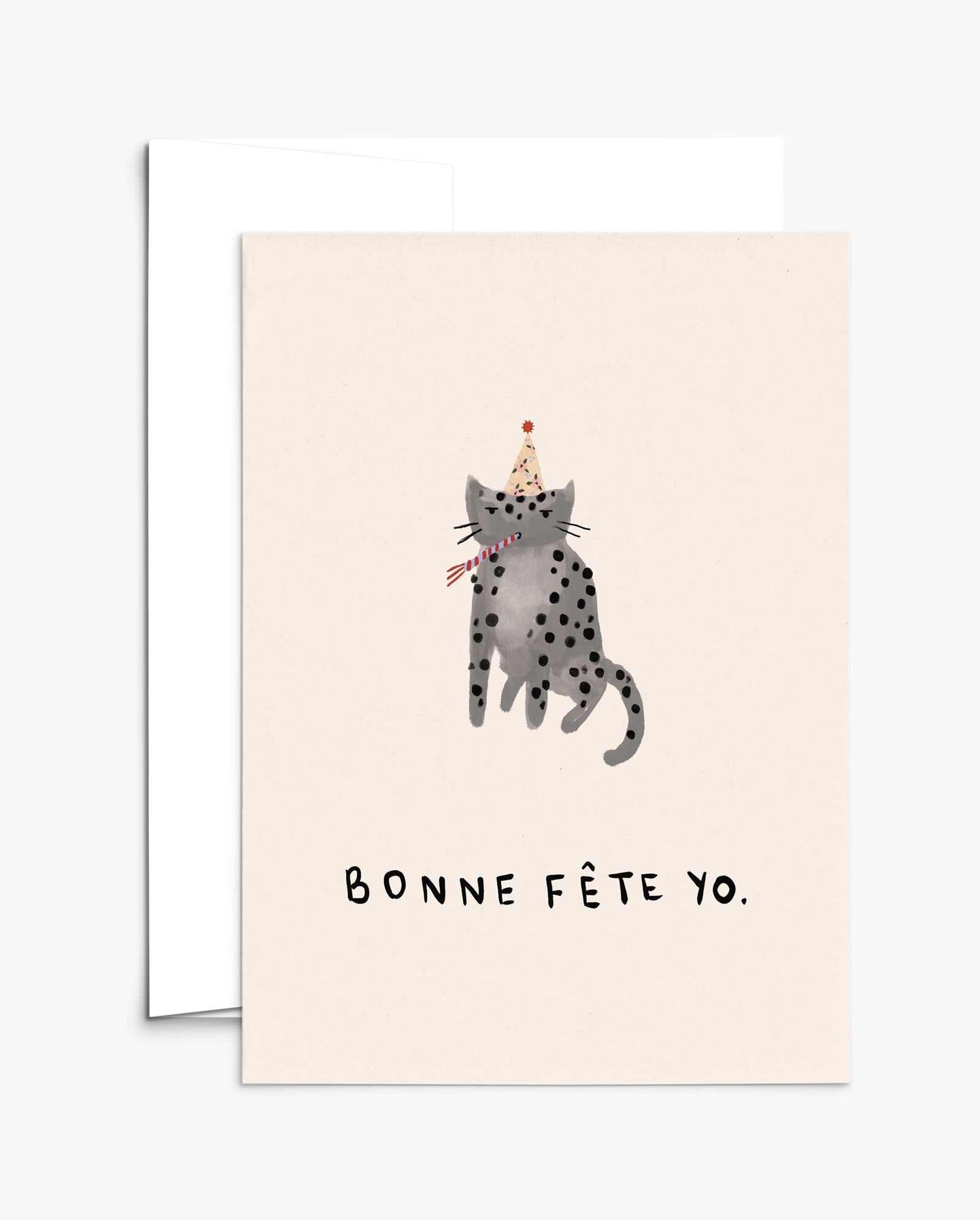 Bonne Fête Yo Greeting Card on recycled thick matte cardstock with white envelope and compostable packaging, blank inside, 5x7 inches