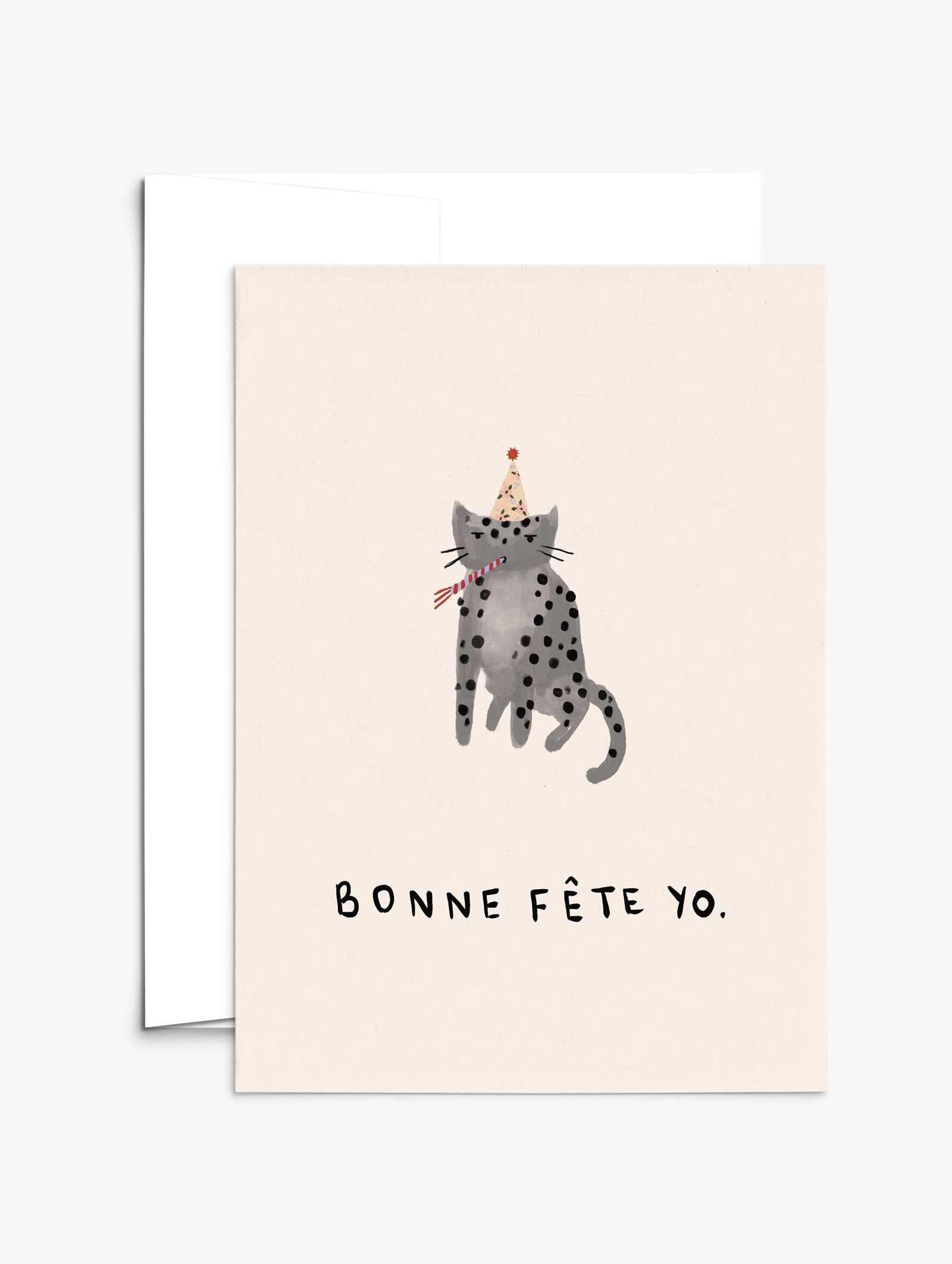 Bonne Fête Yo Greeting Card on recycled thick matte cardstock with white envelope and compostable packaging, blank inside, 5x7 inches