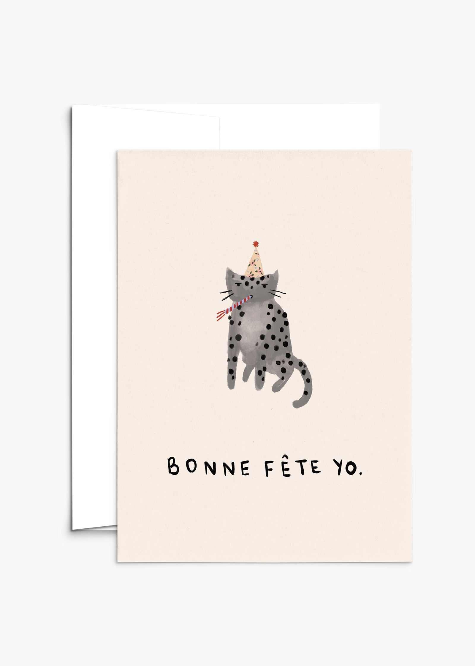 Bonne Fête Yo Greeting Card on recycled thick matte cardstock with white envelope and compostable packaging, blank inside, 5x7 inches