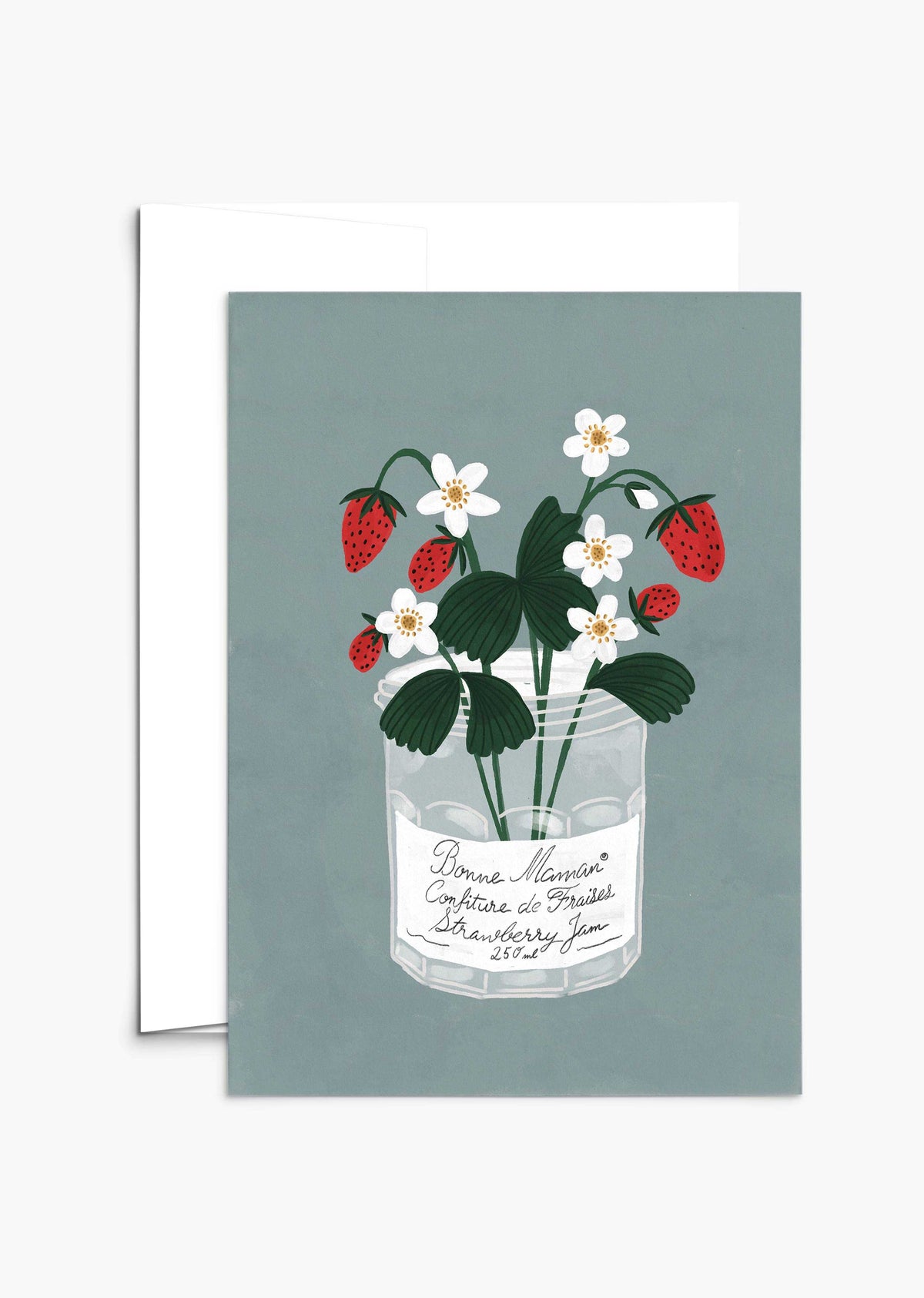 Bonne Maman Mother's Day card with empty jam pot and strawberry design on recycled paper