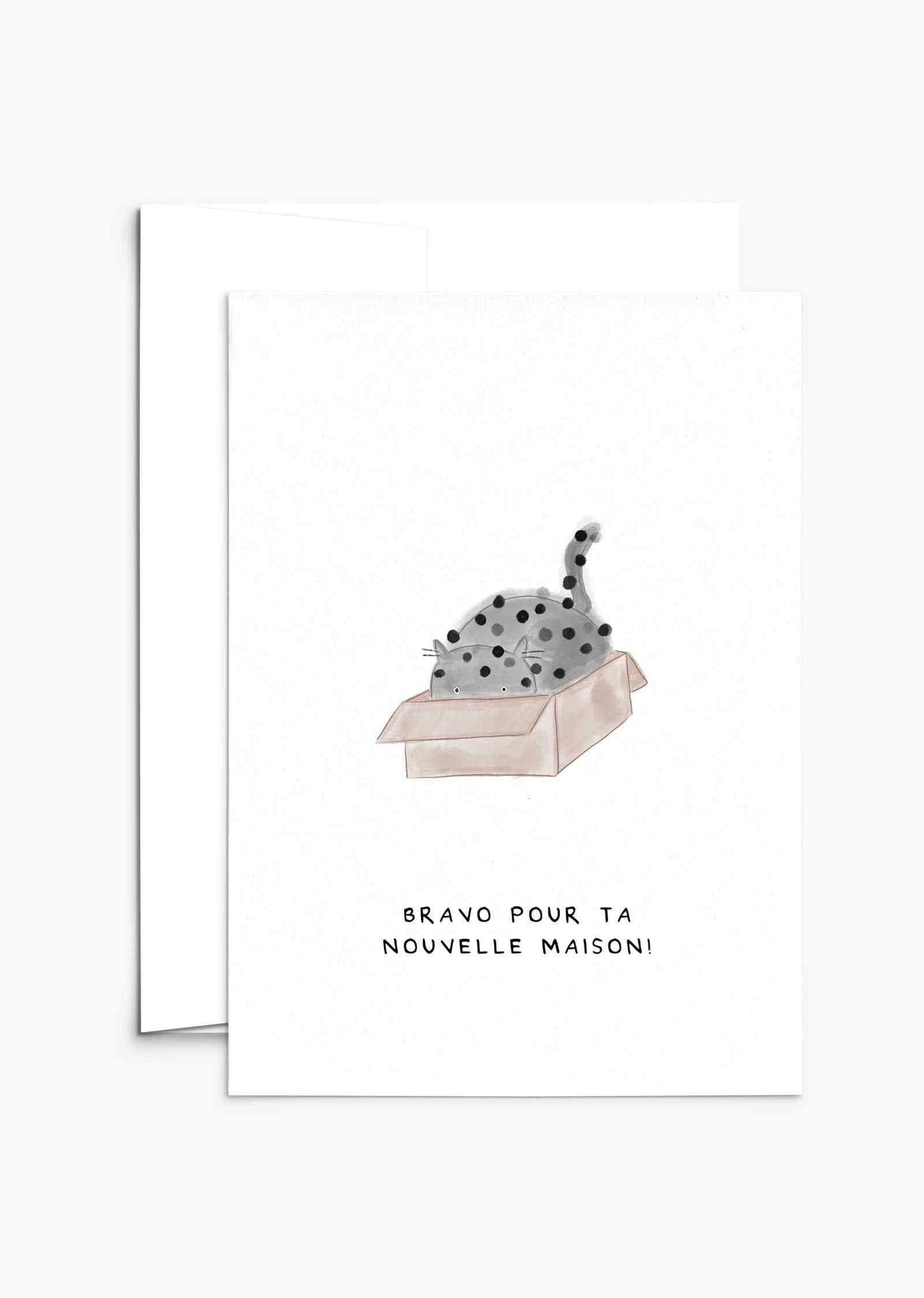 Bravo pour ta nouvelle maison greeting card with cute kitten illustration, recycled paper, and compostable packaging.