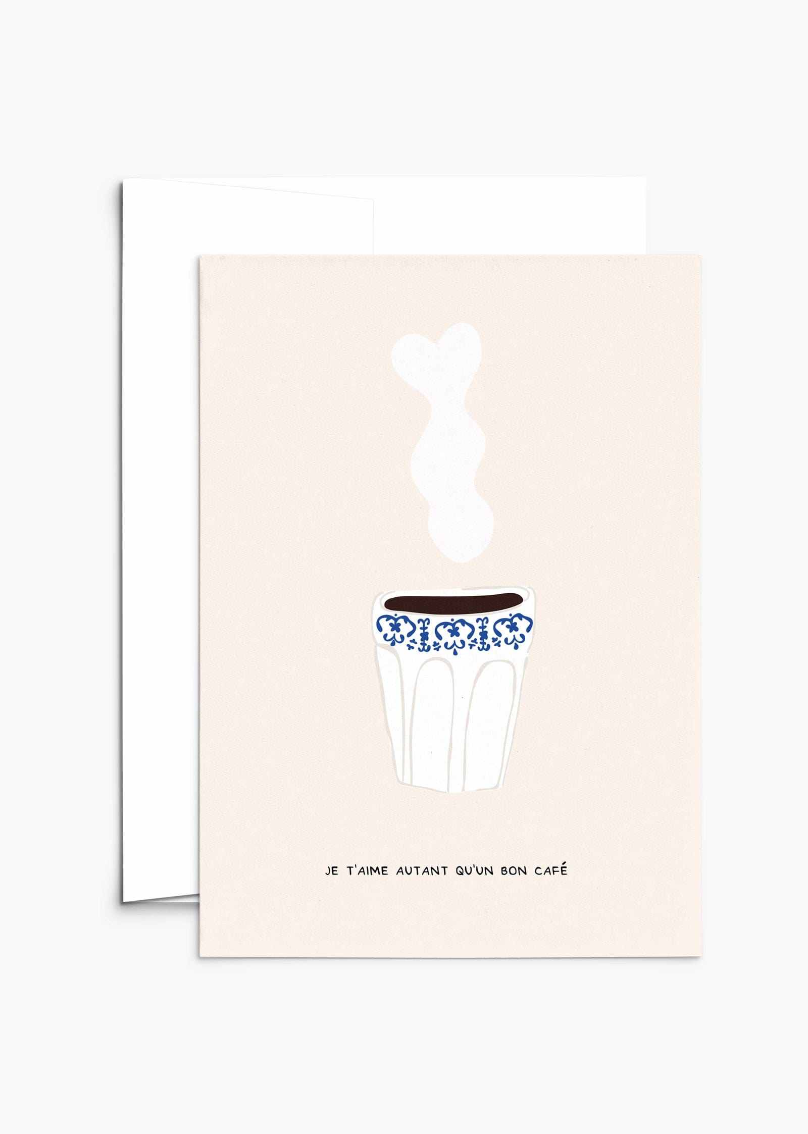 Cafe Love greeting card with coffee cup illustration, recycled paper, blank inside, and compostable packaging