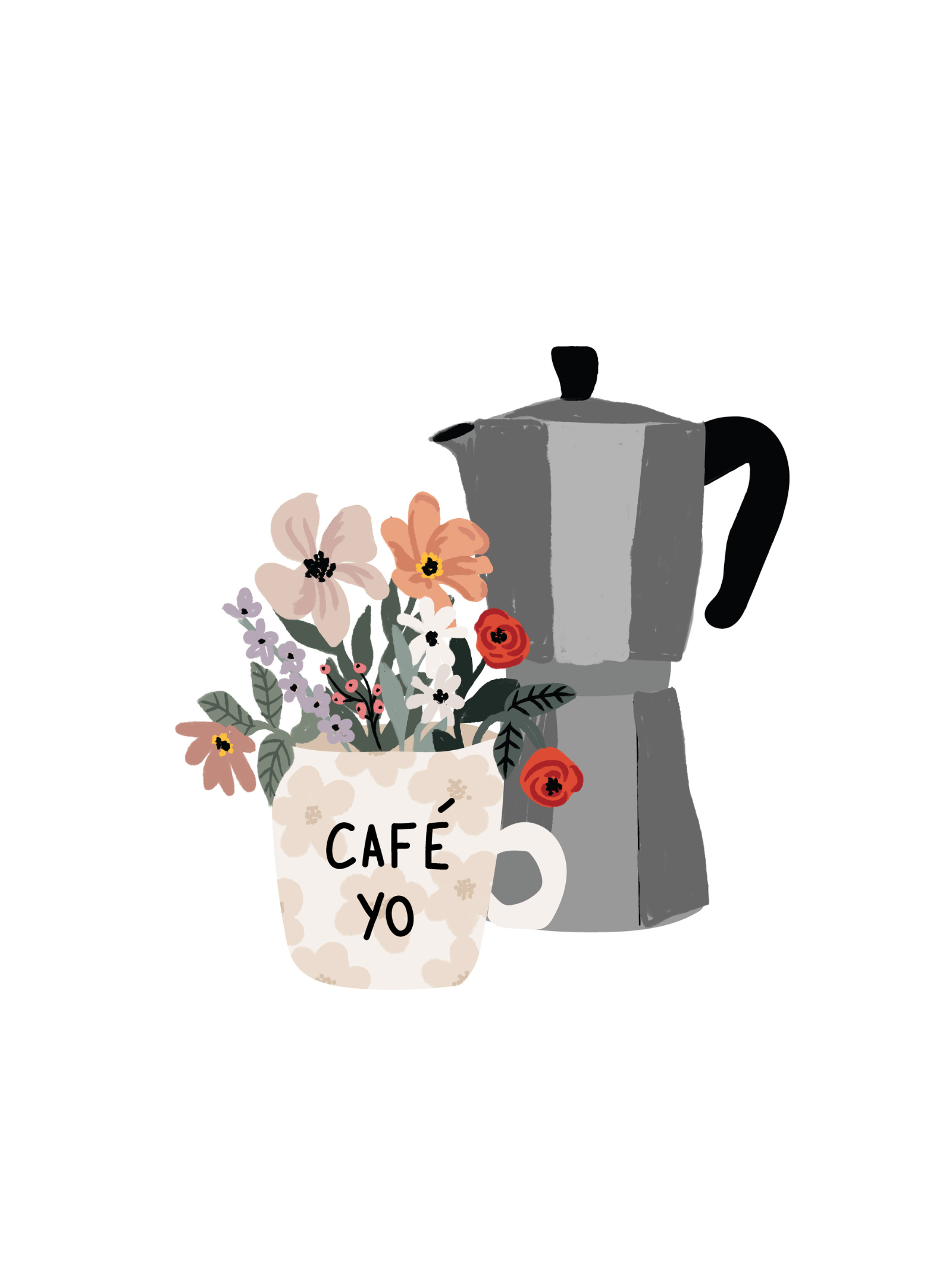 Illustration of a gray coffee maker next to a white mug with floral designs and the text "Café Yo," filled with assorted flowers—a perfect piece for art enthusiasts and coffee lovers alike, featuring the Floral Morning Art Print by Mimi & August.