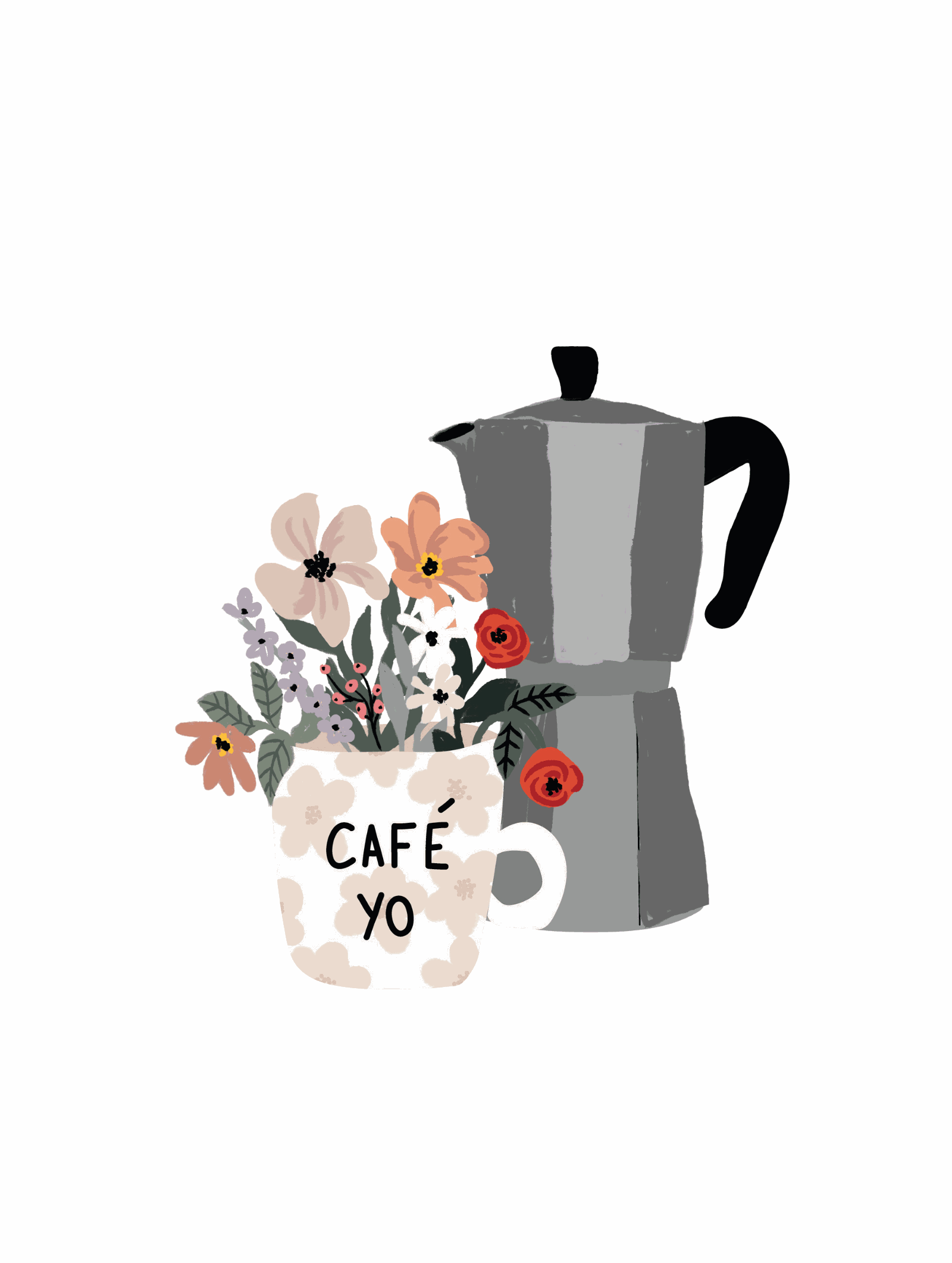 Floral Morning Art print with coffee mug and Italian coffee machine illustration