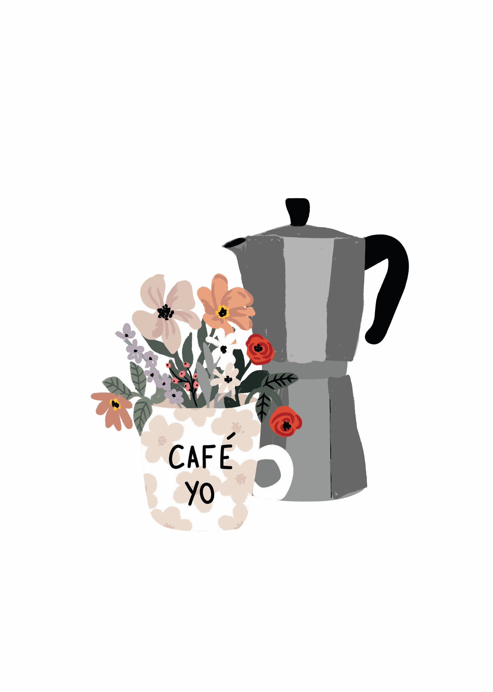 Floral Morning Art print with coffee mug and Italian coffee machine illustration