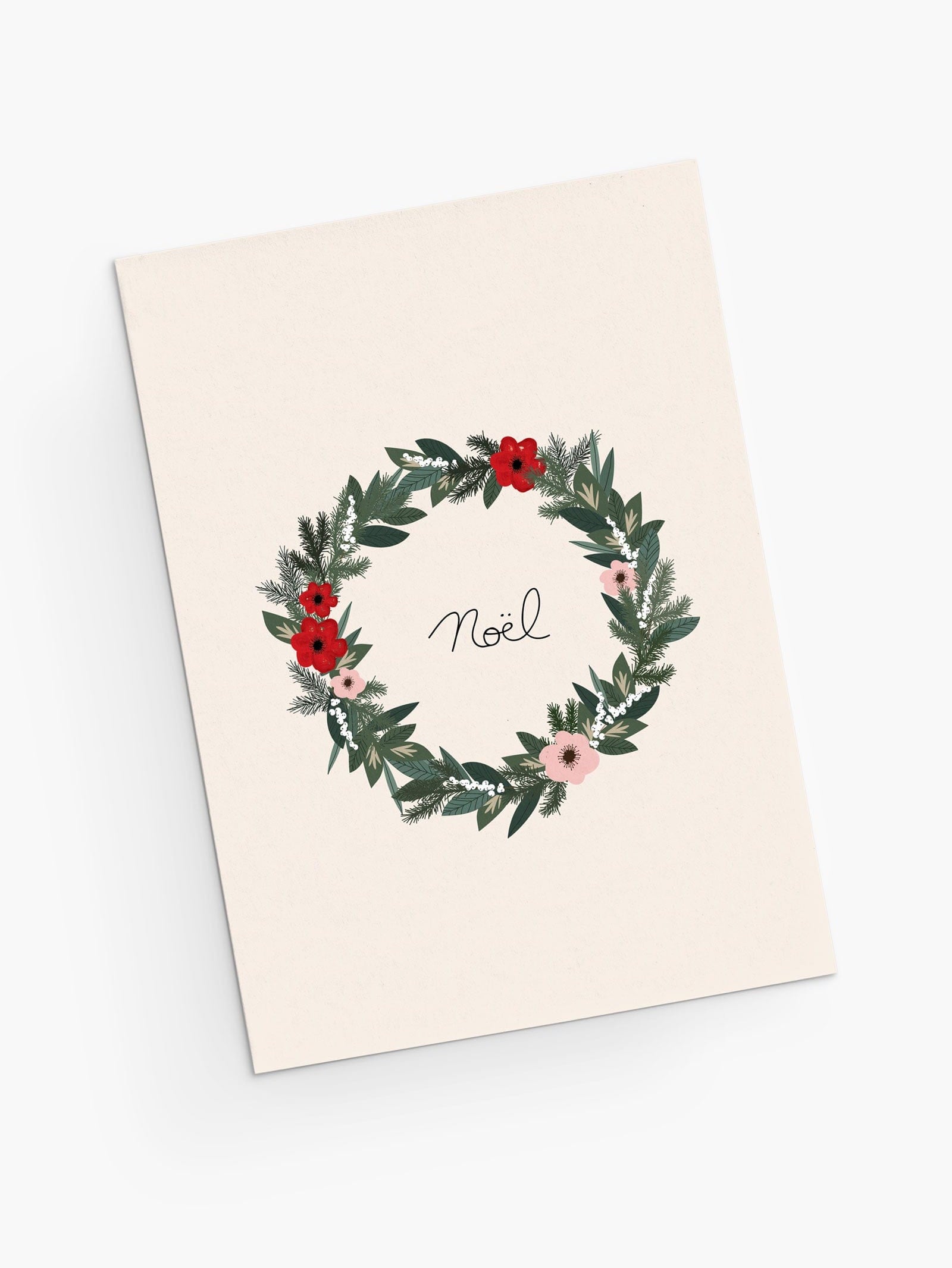 Holiday greeting card with colorful Christmas wreath decorated with beautiful flowers. By Mimi & August