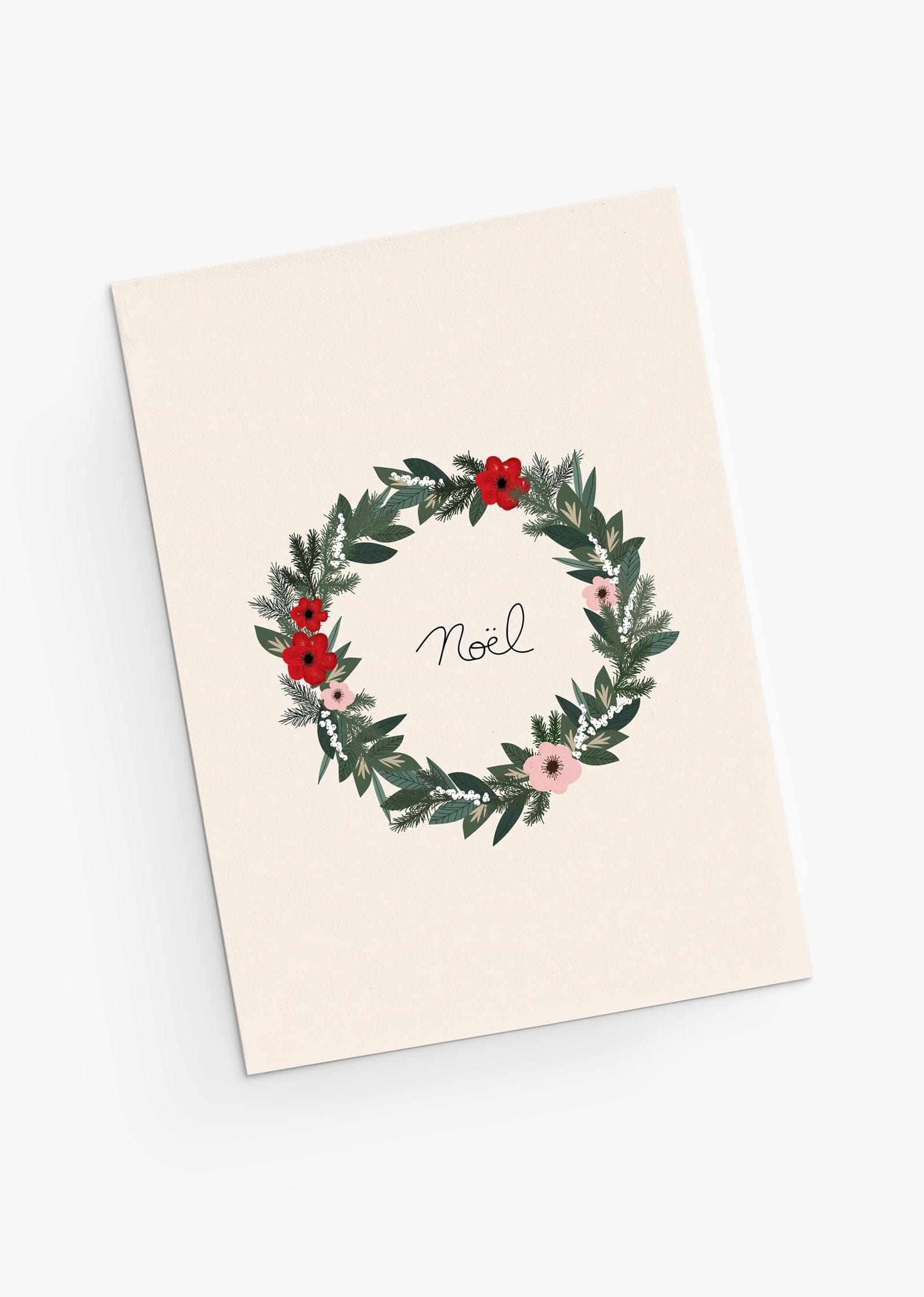 Holiday greeting card with colorful Christmas wreath decorated with beautiful flowers. By Mimi & August