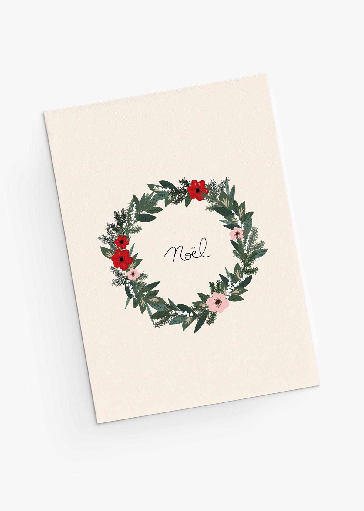 Holiday greeting card with colorful Christmas wreath decorated with beautiful flowers. By Mimi & August