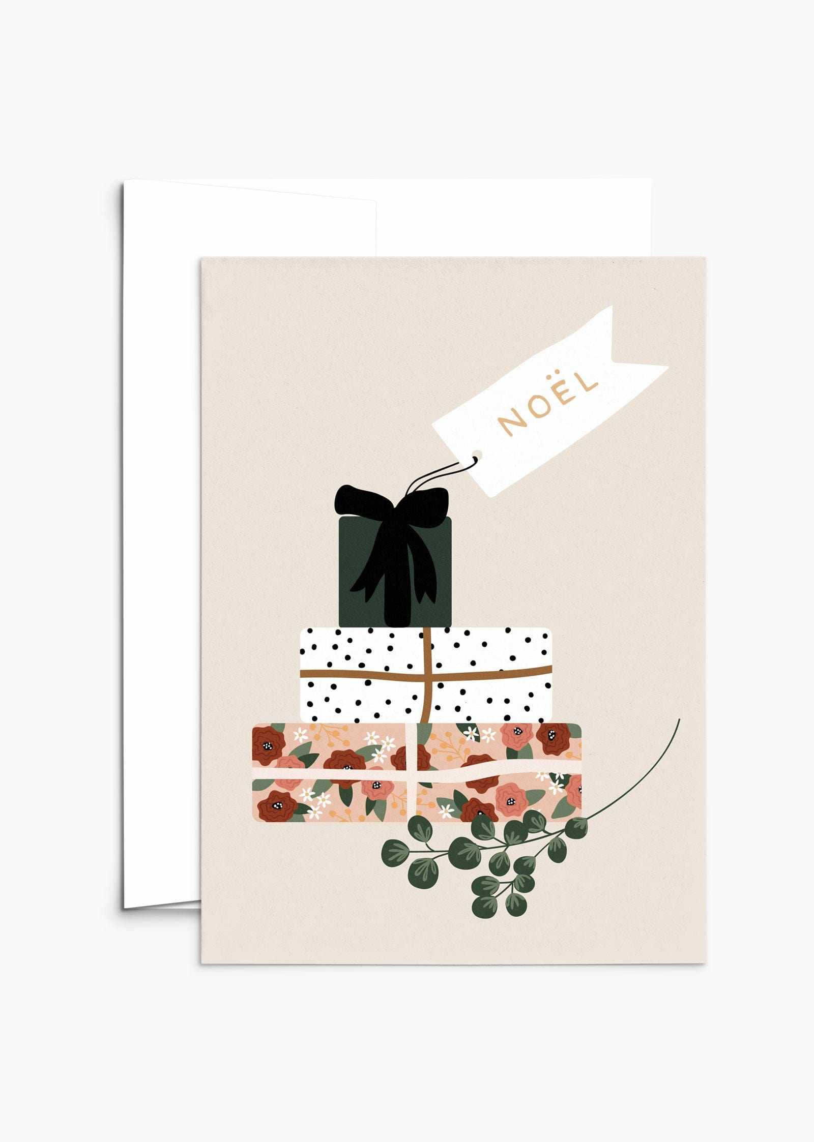 Christmas Gifts Greeting Card on recycled matte cardstock with white envelope and compostable packaging, blank inside, 5x7 inches