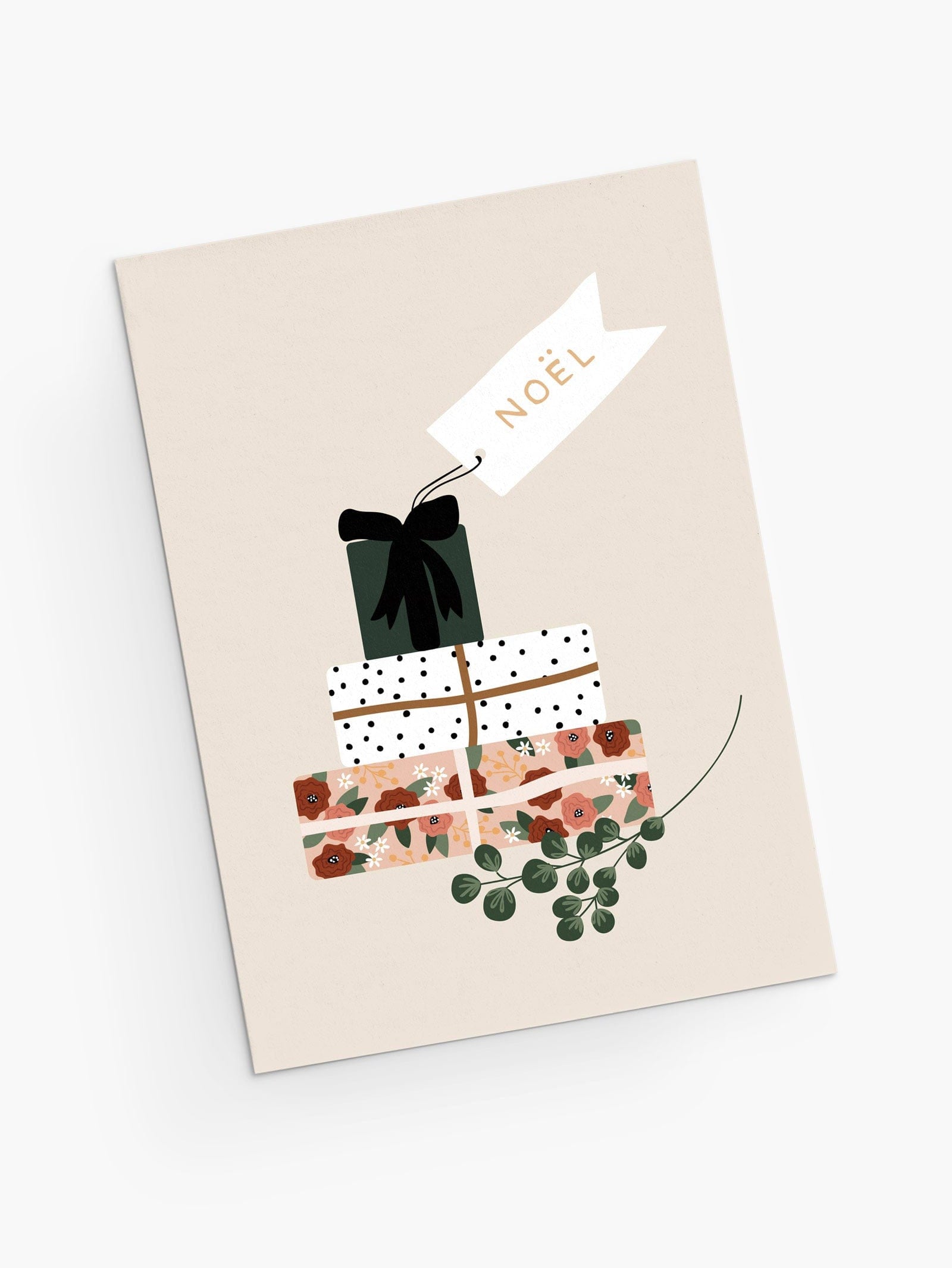 Christmas greeting card with colorful gifts for the holidays. By Mimi & August