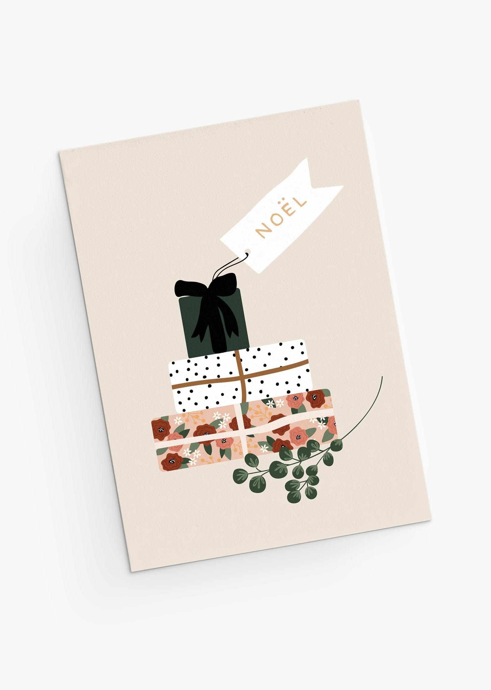 Christmas greeting card with colorful gifts for the holidays. By Mimi & August