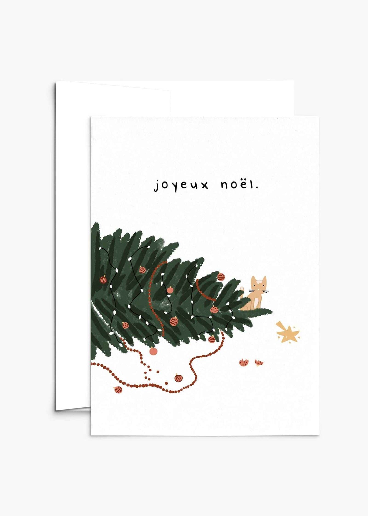 Christmas greeting card with cat design, 5x7 inches, blank inside, recycled paper, white envelope, compostable packaging, thick matte cardstock