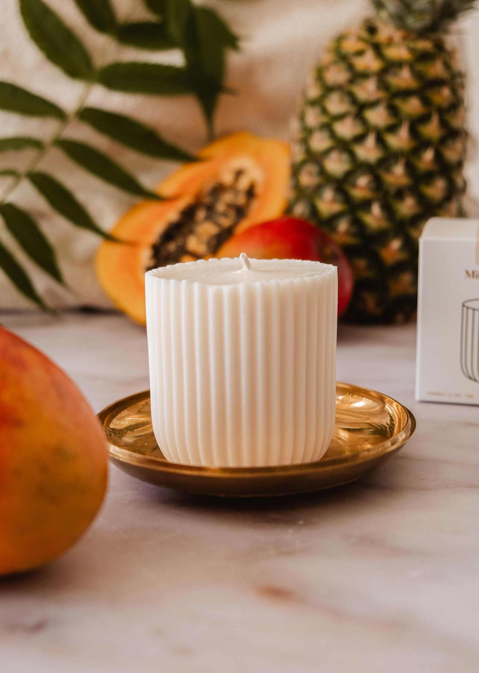 The Candle Refill Coco Mango by Mimi & August, a white ribbed tropical candle, sits on a gold plate with mango, papaya, pineapple, and green leaves in the background.