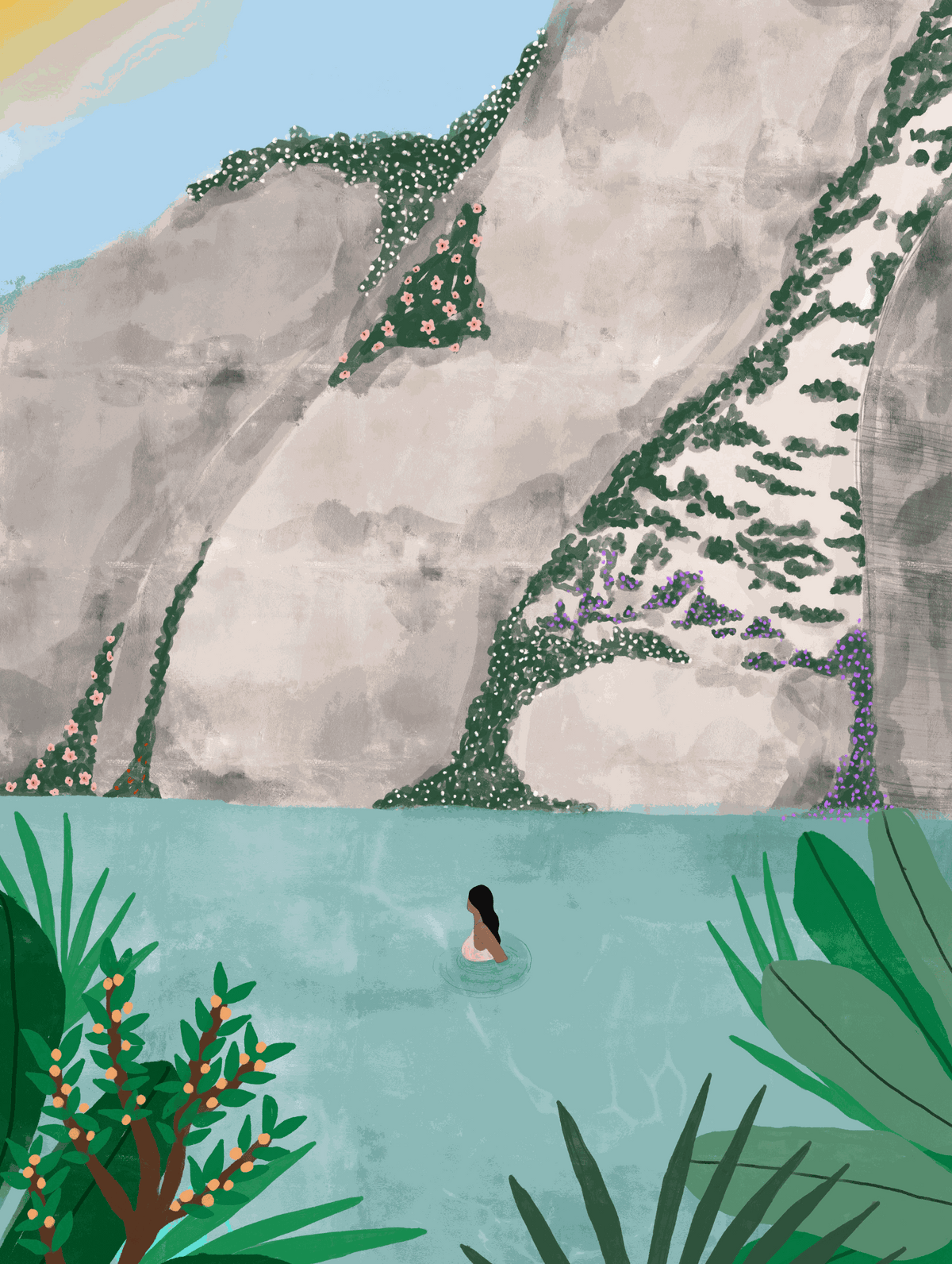 Costa Art Print showing swimmer in blue lake with cliffs and flowers