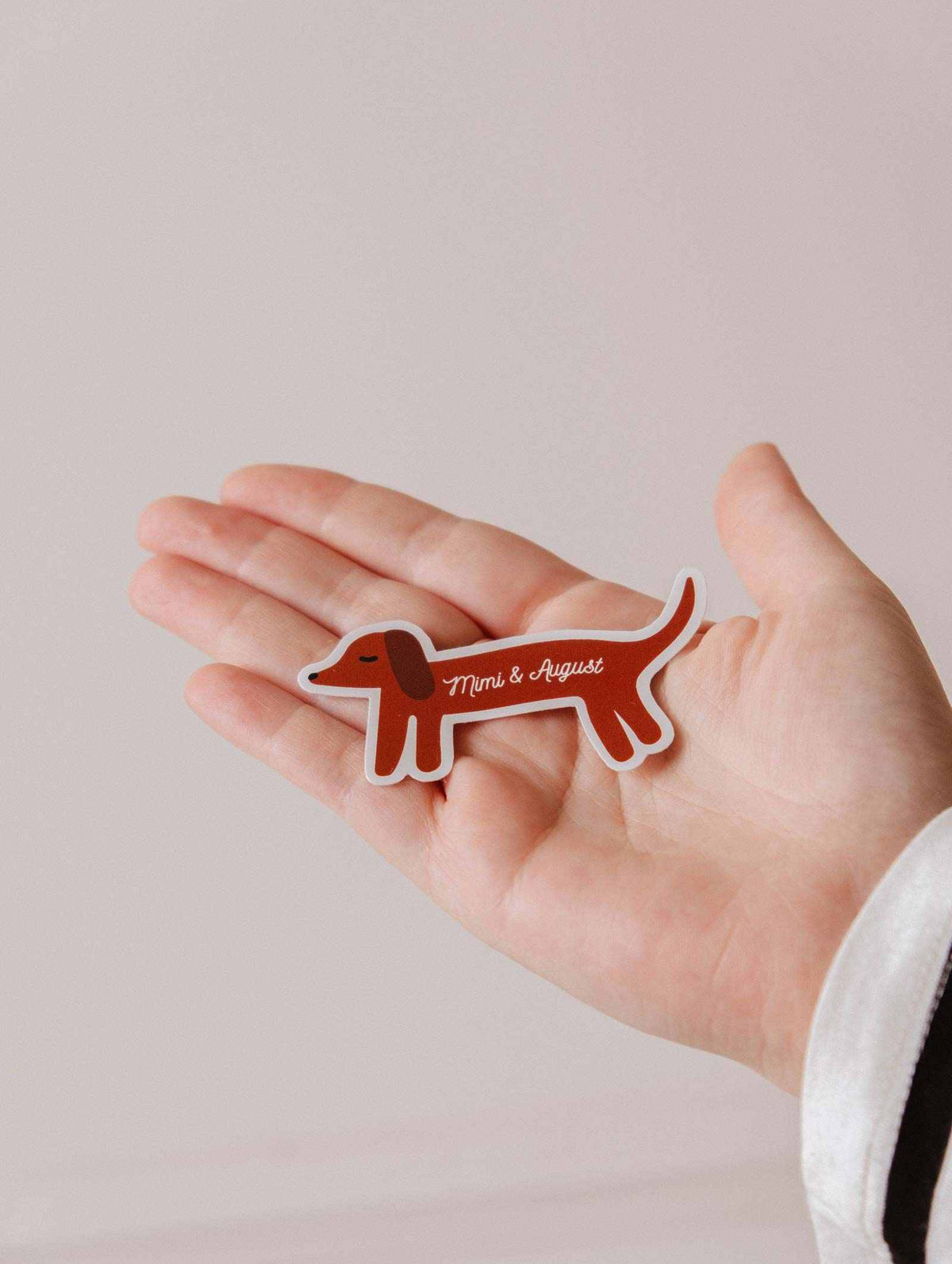 Minimalist terracotta dachshund dog vinyl sticker with white border, durable and weatherproof design by Camille Forcherio
