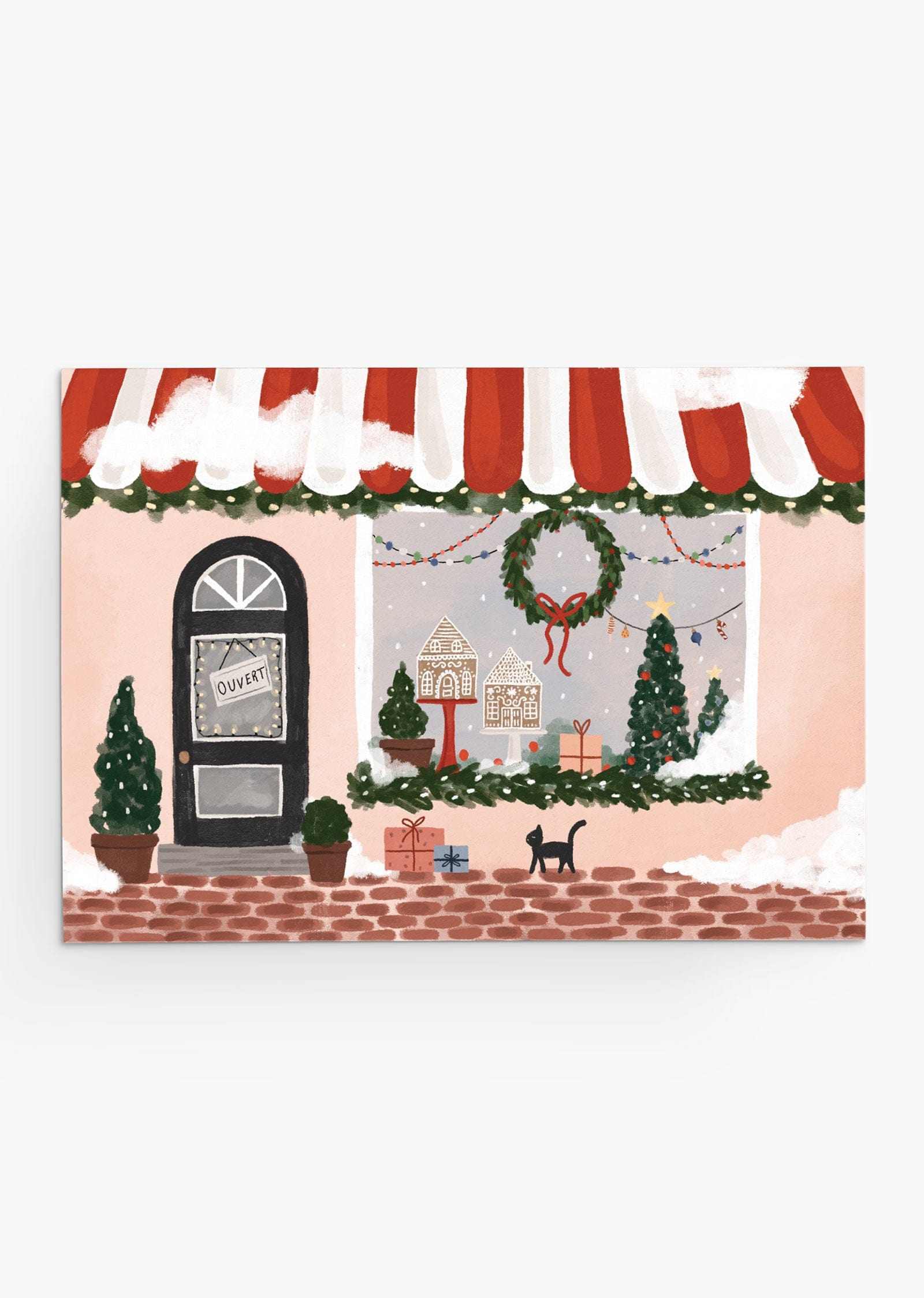 holidays greeting card featuring beautiful pink boutique with christmas decorations inside. By Mimi & August