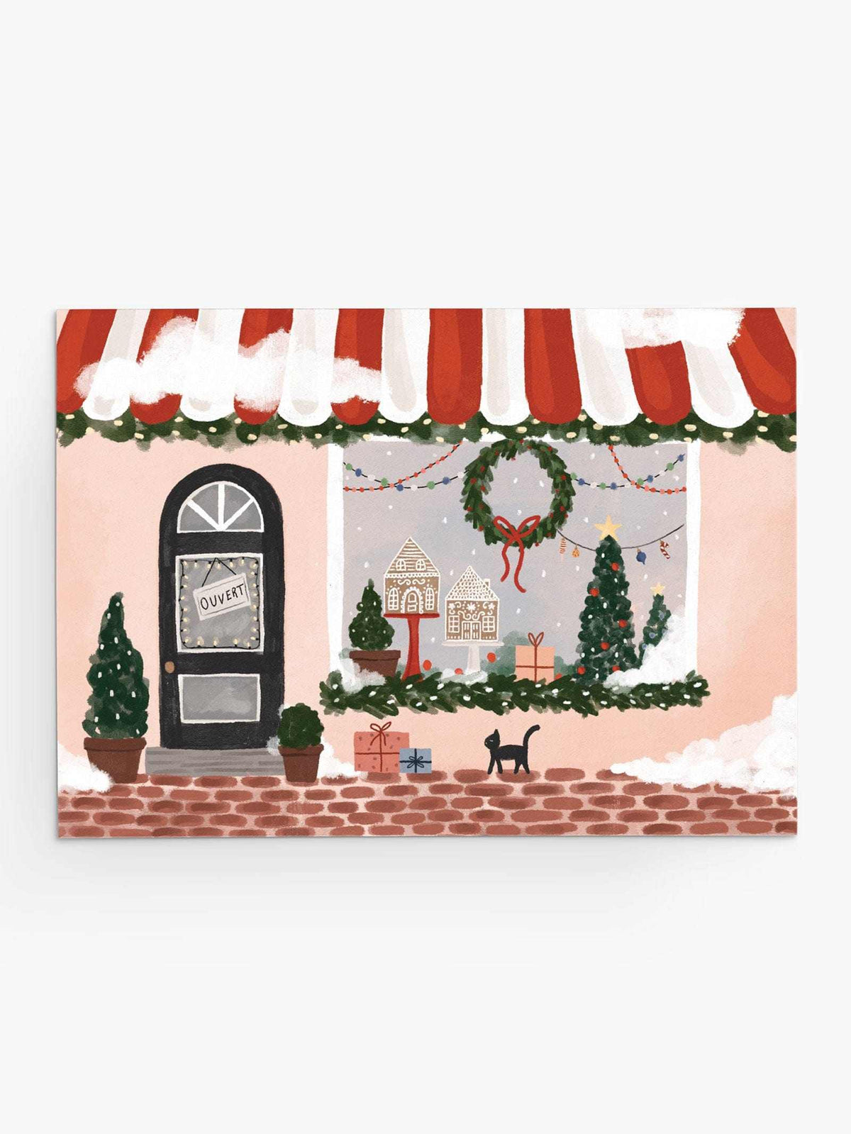 holidays greeting card featuring beautiful pink boutique with christmas decorations inside. By Mimi & August