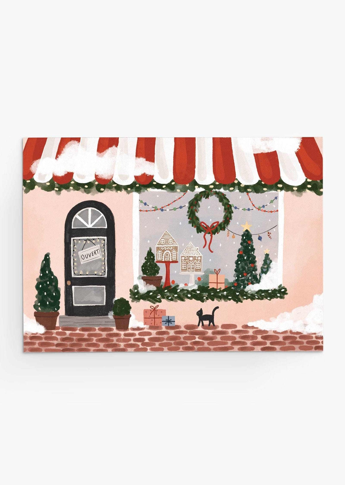 holidays greeting card featuring beautiful pink boutique with christmas decorations inside. By Mimi & August