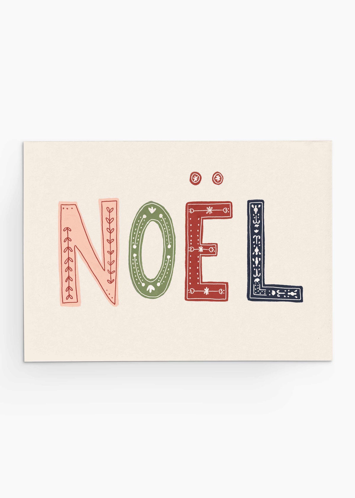 Hand-drawn Enchanted Christmas card with vibrant Noël letters on recycled paper