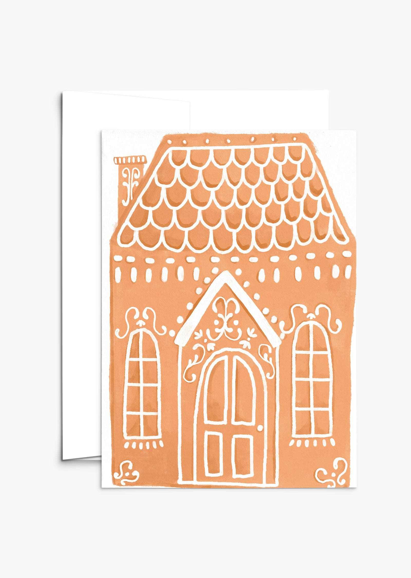 Magical enchanted gingerbread house Christmas greeting card on recycled matte cardstock with compostable packaging