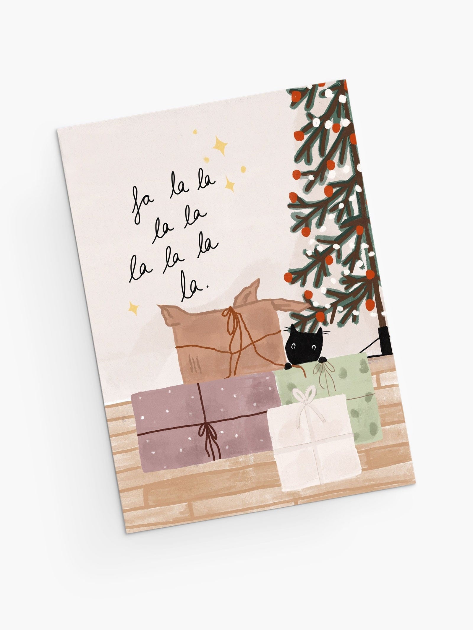 Christmas greeting cards with small kitty hidden with gifts under the tree. By Mimi & August