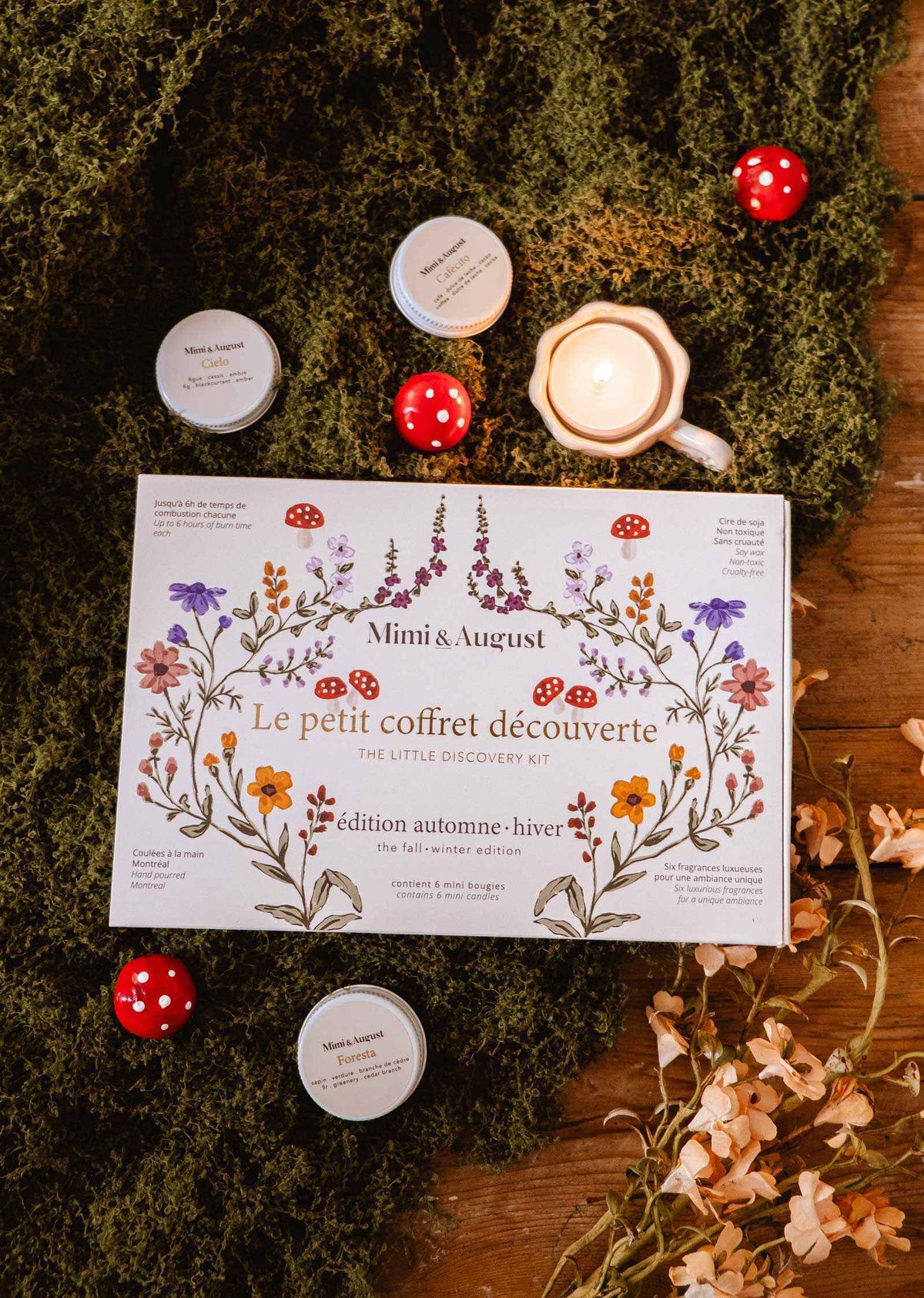 Fall candle gift set with six soy tealights, floral illustrated box, and seasonal mushroom details