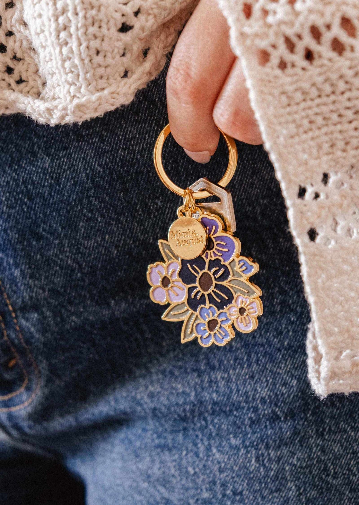 colorful floral bouquet enamel keychain with gold accents