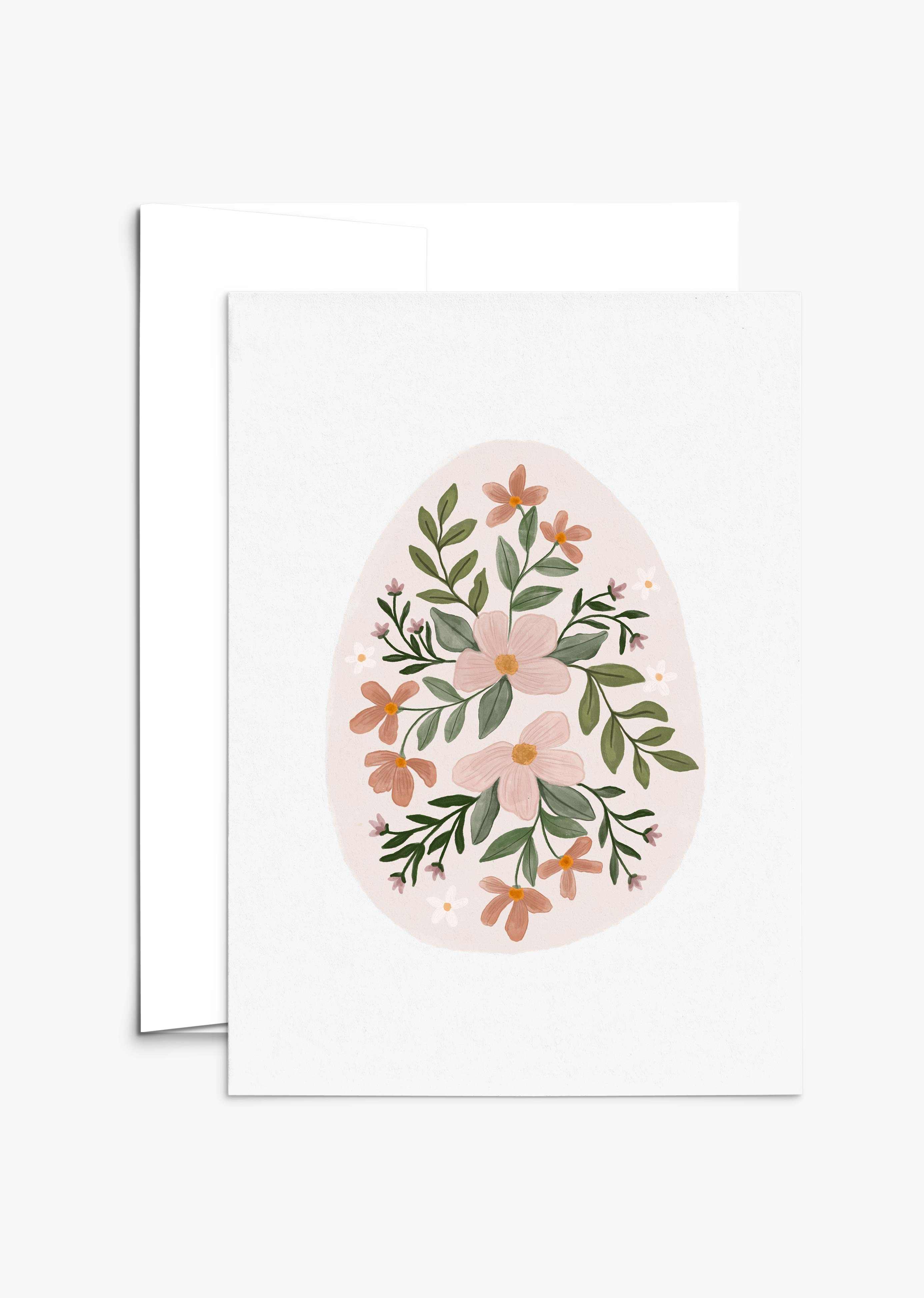 Floral Egg Greeting Card with pastel flowers and greenery on recycled paper