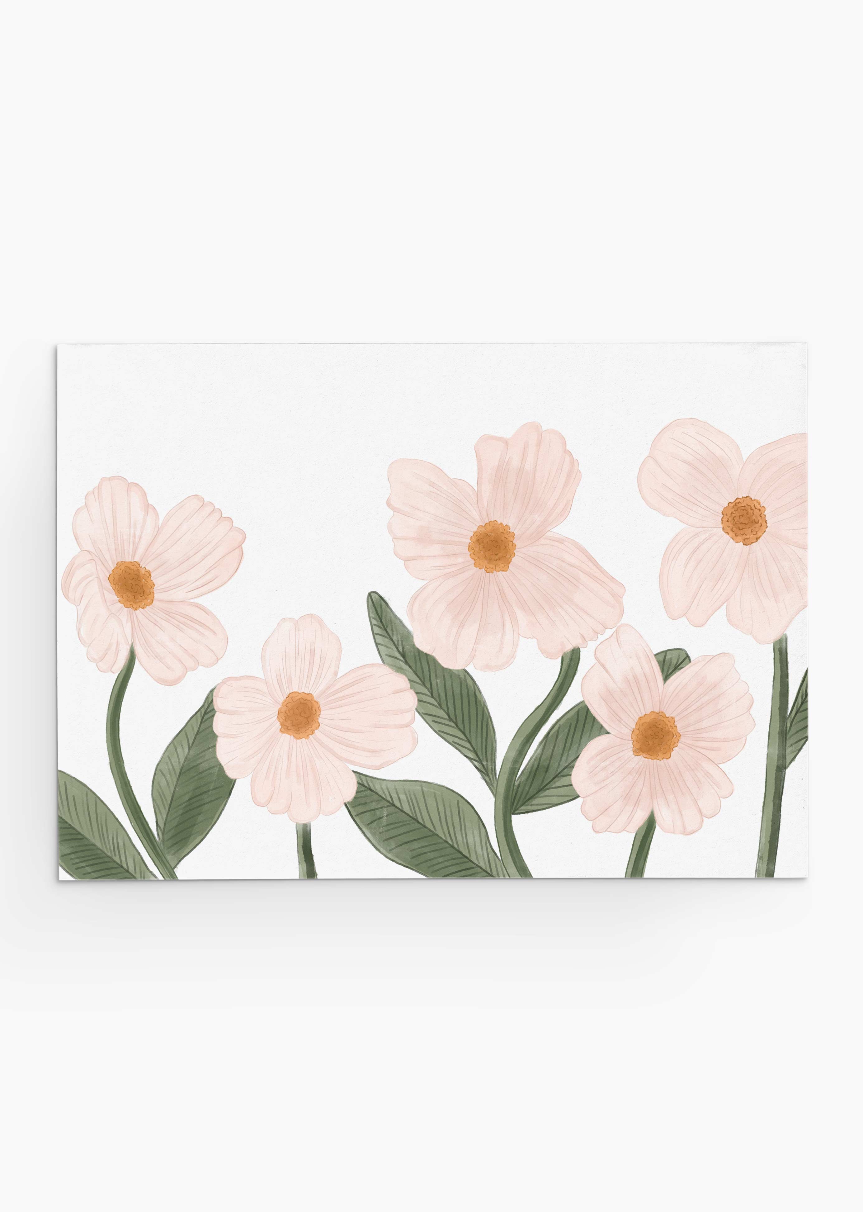 The Floral Spring Greeting Card by Mimi & August features five hand-illustrated pink pastel flowers with green stems and leaves on a white background, perfect for spring.