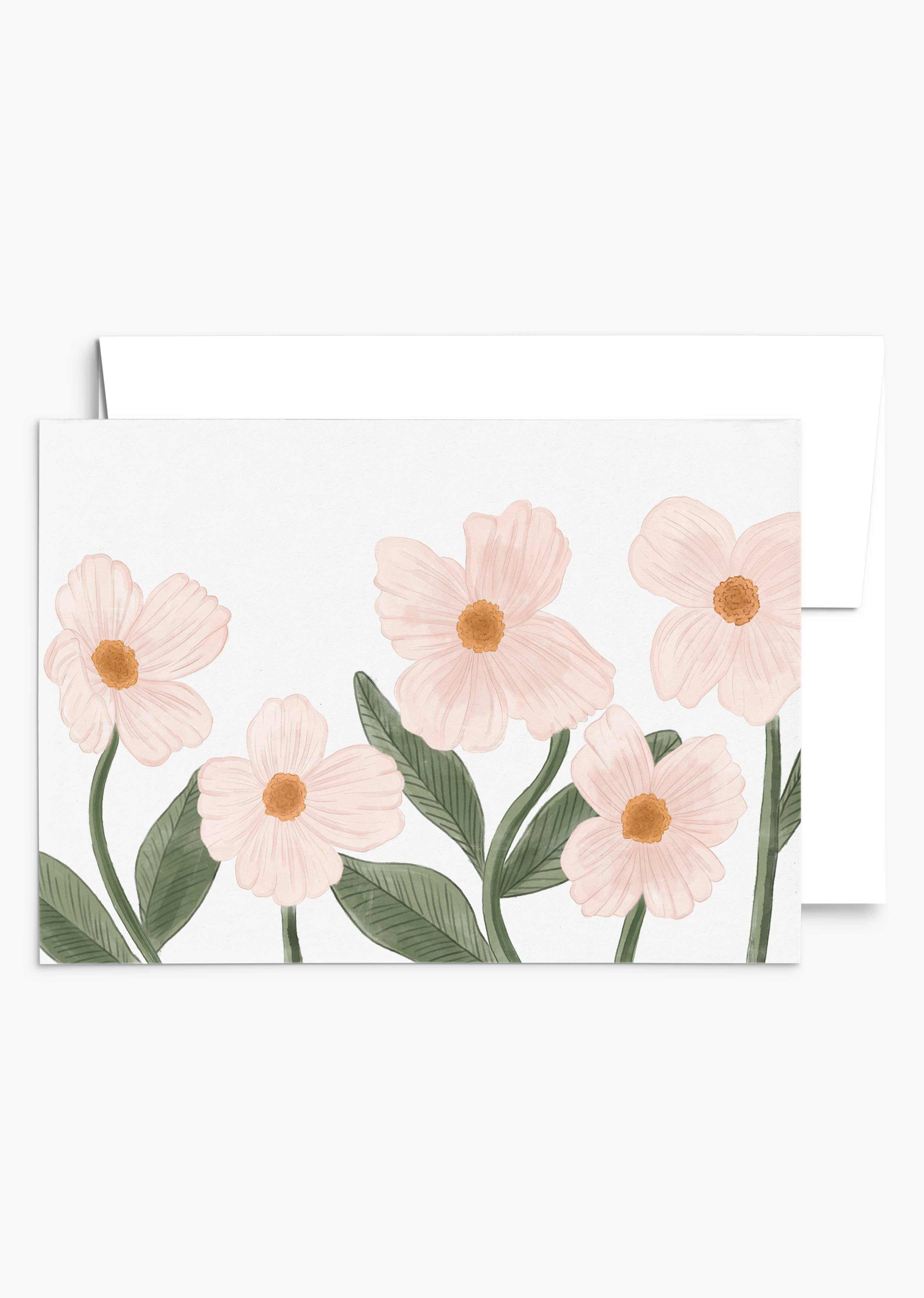 The Mimi & August Floral Spring Greeting Card features five hand-illustrated pastel pink flowers with green leaves on recycled paper and a plain white envelope, creating the perfect springtime sentiment.