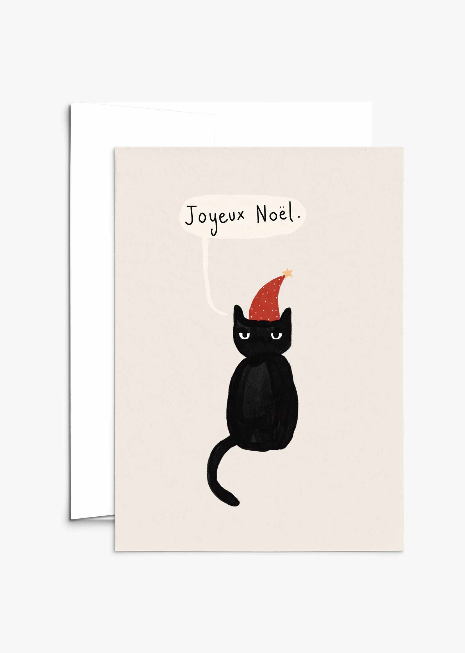 Grumpy Christmas Cat greeting card on recycled paper with white envelope and compostable packaging